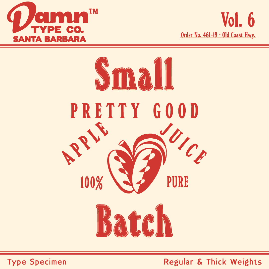 Vintage apple juice label concept in red on cream, showcasing Cider Revival Regular and Thick weights with “Small Batch” lettering and a stylized apple illustration.