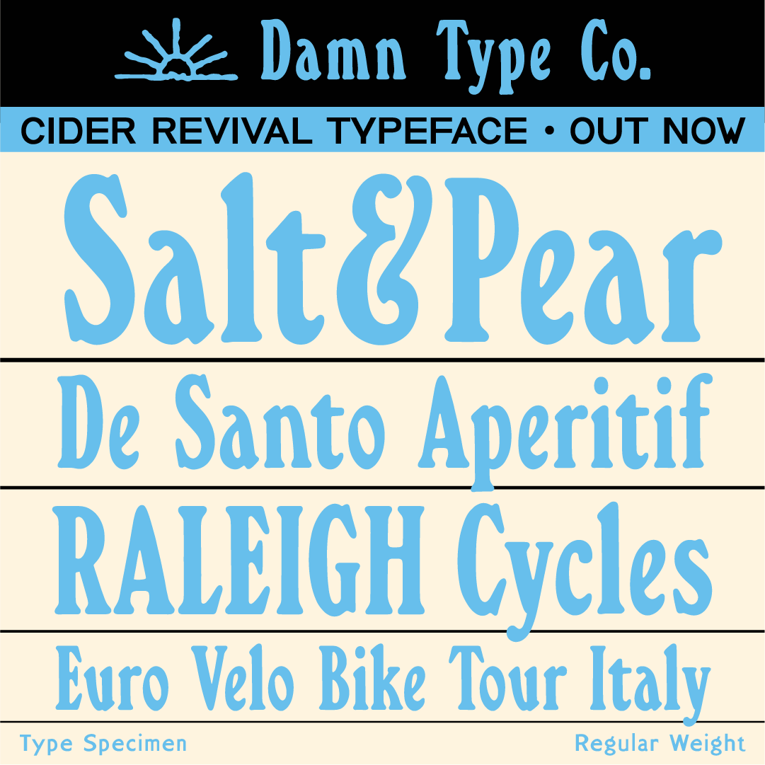 Cider Revival Regular in sky blue on cream, featuring “Salt & Pear,” “De Santo Aperitif,” “Raleigh Cycles,” and “Euro Velo Bike Tour Italy.”