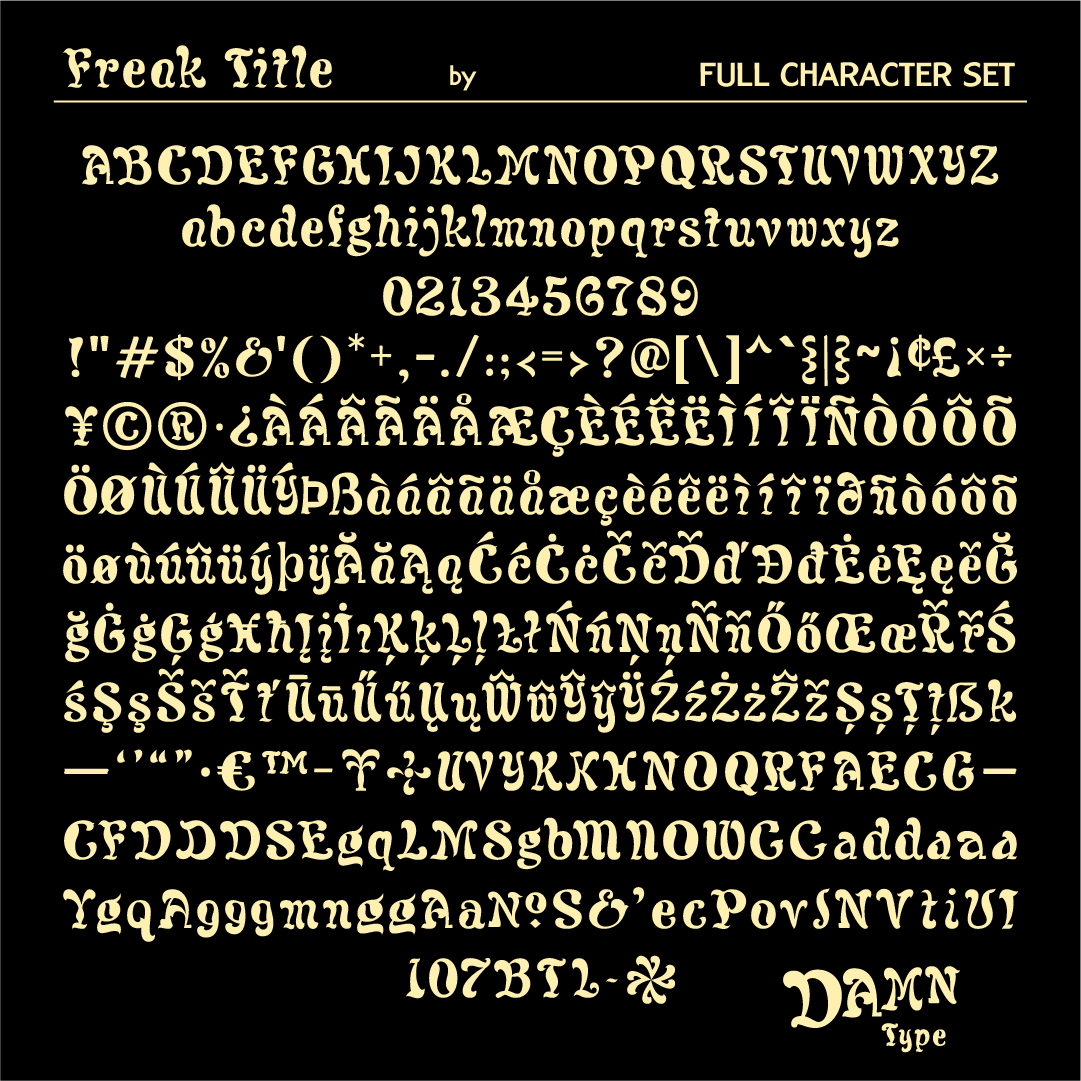 Freak Title full character set by Damn Type Co., showing uppercase and lowercase letters, numerals, punctuation, symbols, accented characters, alternates, and decorative glyphs.