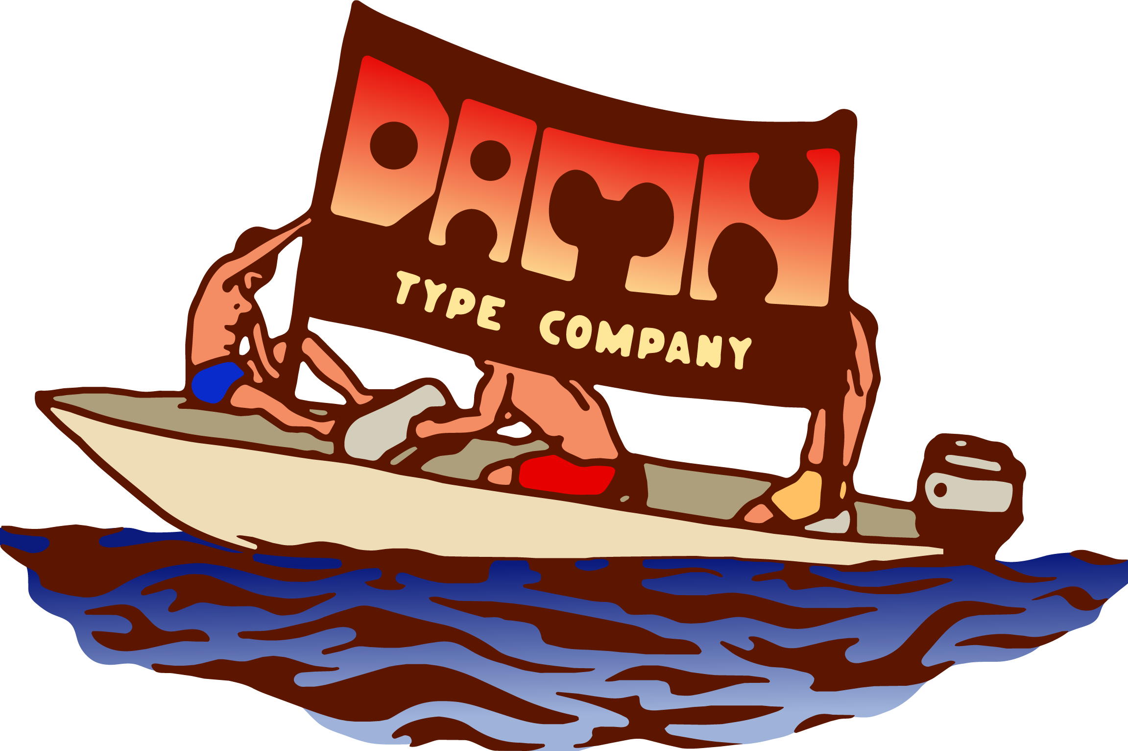 Illustration of a fishing boat on blue water with a large red-and-orange fishing net and text reading “TYPE COMPANY.”