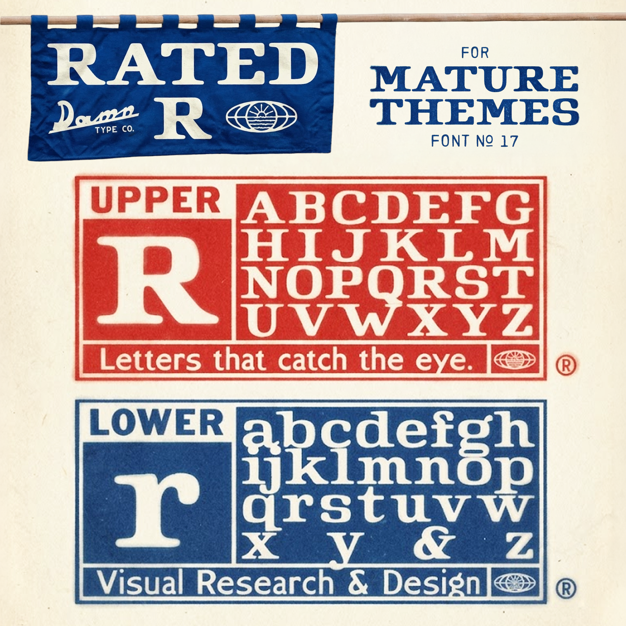 Vintage-inspired type specimen for Rated R font featuring red and blue film rating blocks, a hanging canvas banner, and serif typography on a textured paper background.