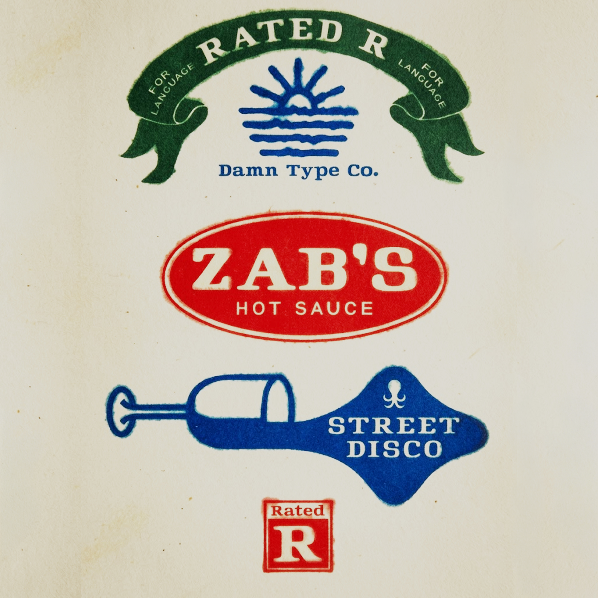 Rated R font specimen on cream paper. Features blue and red logo mockups for Zabs Hot Sauce and Street Disco with a clean, mid-century, soft-focus finish.
