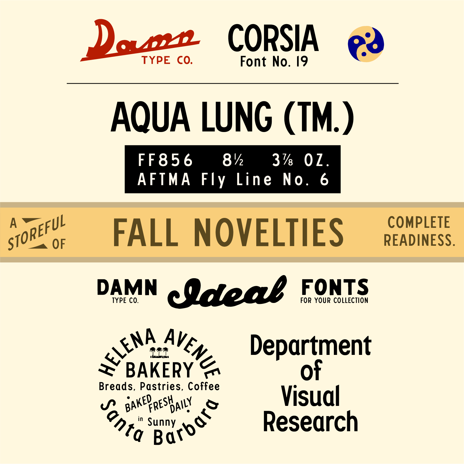 Corsia font specimen showing branding, packaging and logo applications using a warm condensed sans serif inspired by hand-painted signage.