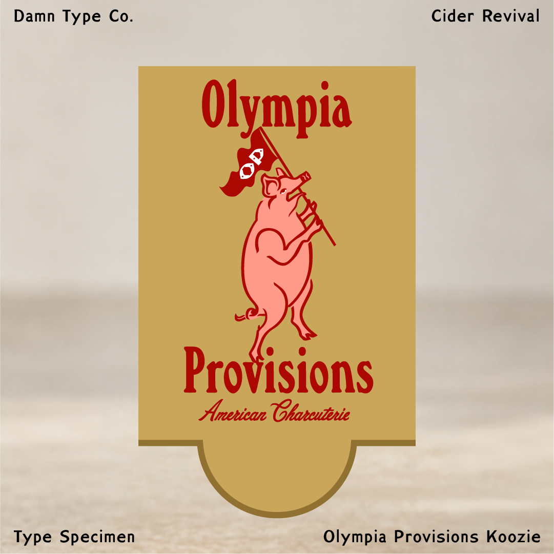 Mustard-yellow Olympia Provisions koozie design featuring Cider Revival in red, a pig playing a flute, and American Charcuterie script.
