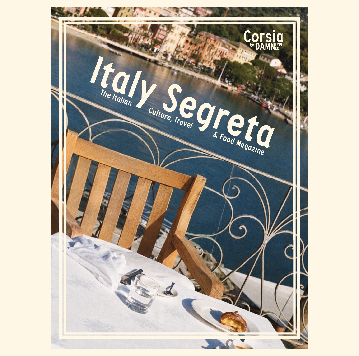 Corsia typeface used on an Italian travel magazine cover, showing its warm condensed lettering in an editorial design setting.