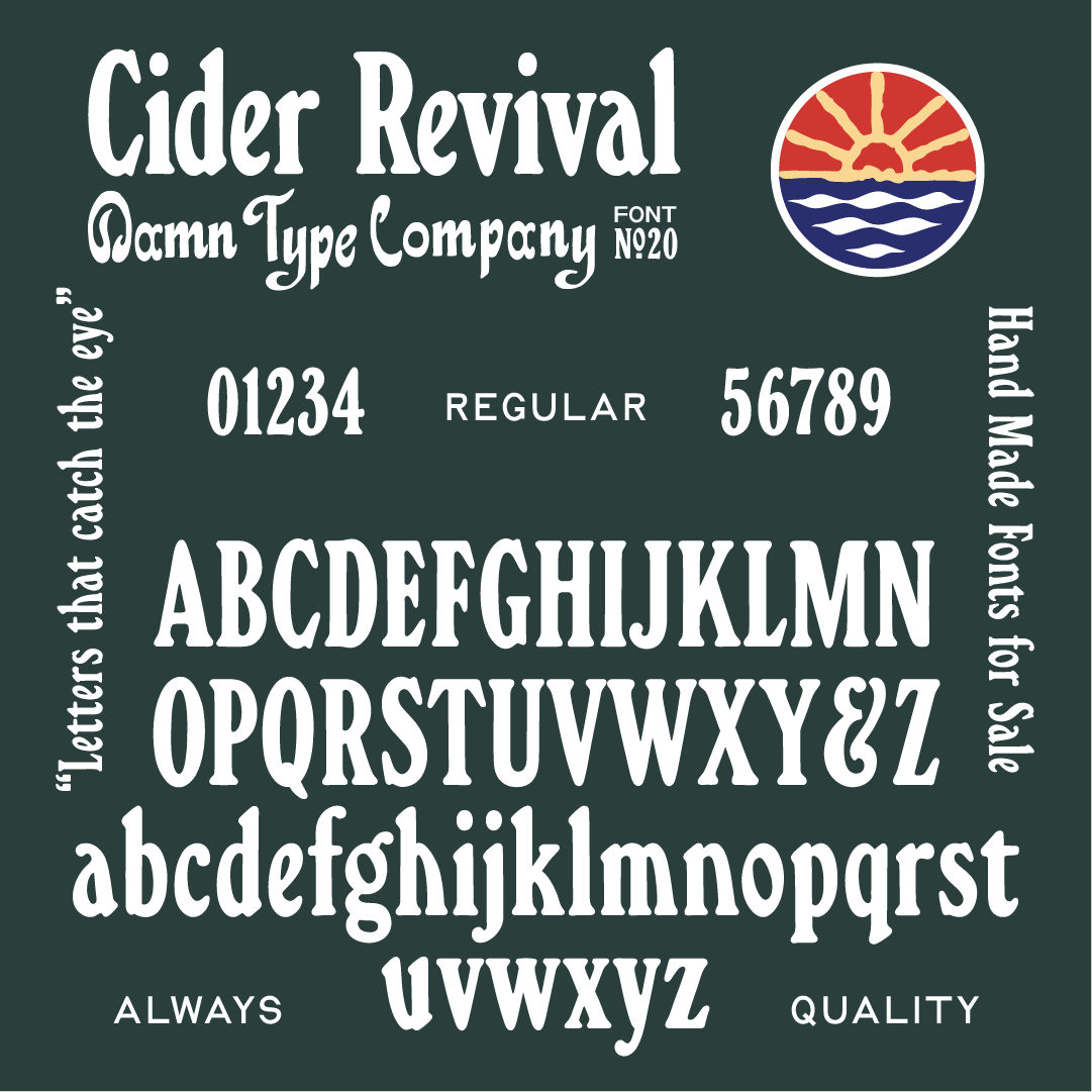 Cider Revival Regular font specimen with uppercase and lowercase letters, numerals, and a sunset illustration in cream on dark green.