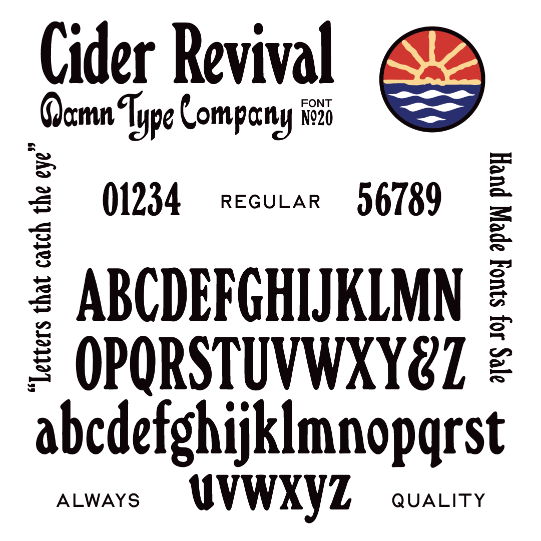 Cider Revival Regular font specimen showing its vintage serif alphabet, uppercase and lowercase letters, and numerals in black on white.