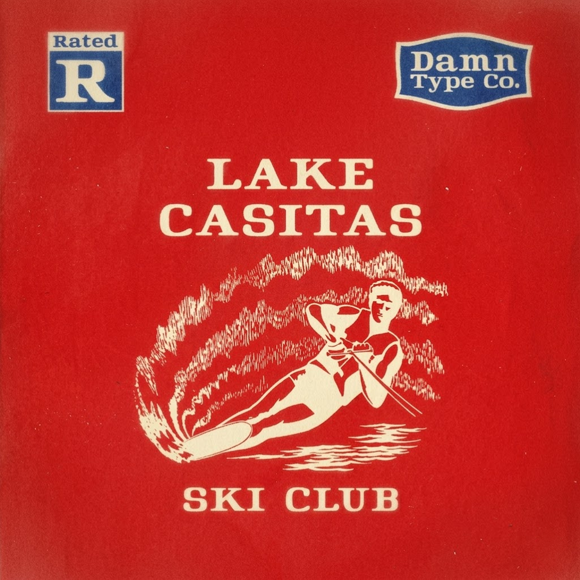 Vintage Rated R font specimen on red. Features a cream water skier illustration and Lake Casitas Ski Club text with mid-century recreational style and soft ink edges.