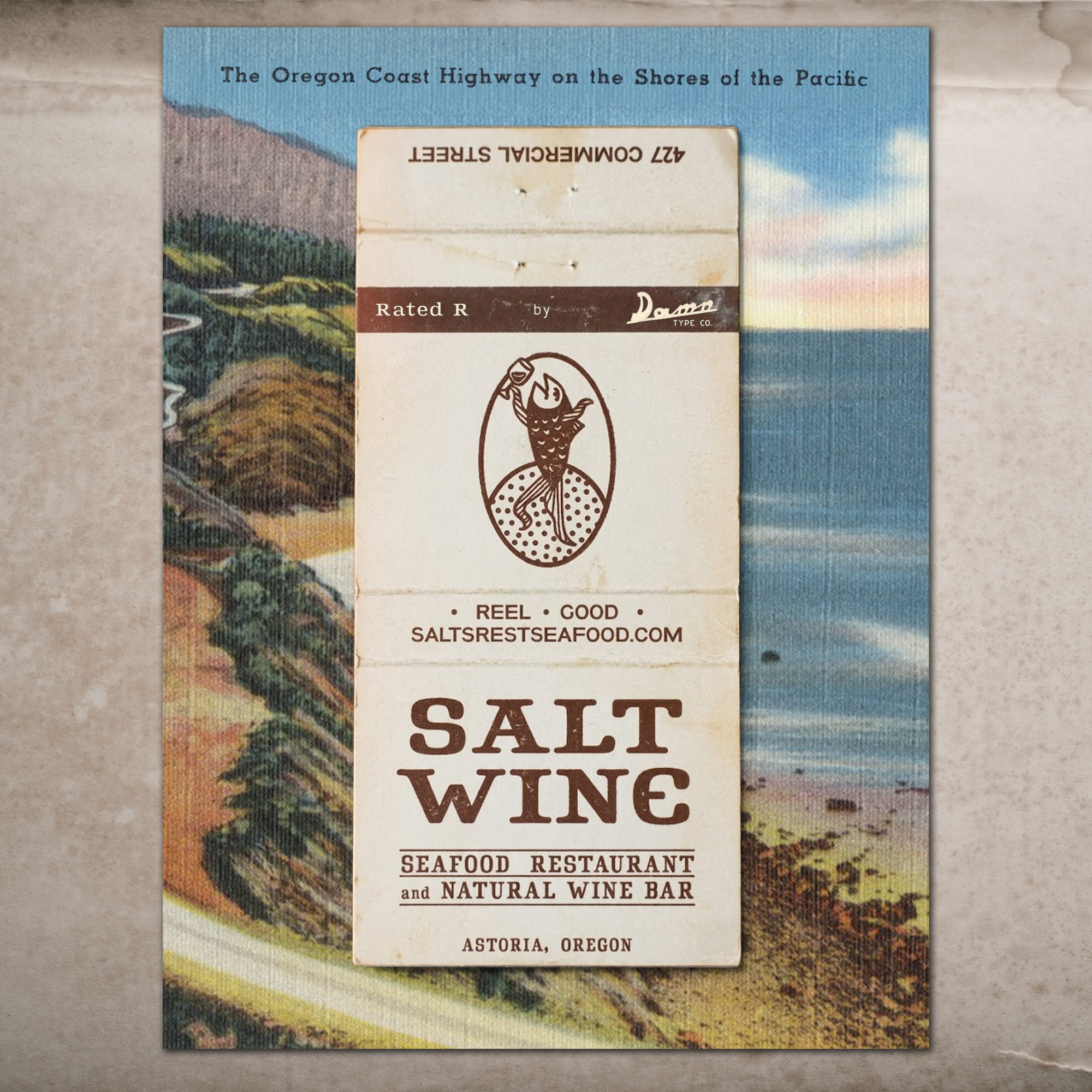 Rated R font mockup: Salt Wine Seafood matchbook on a coastal backdrop. Bold serif typography on textured paper with an authentic scanned ephemera feel.