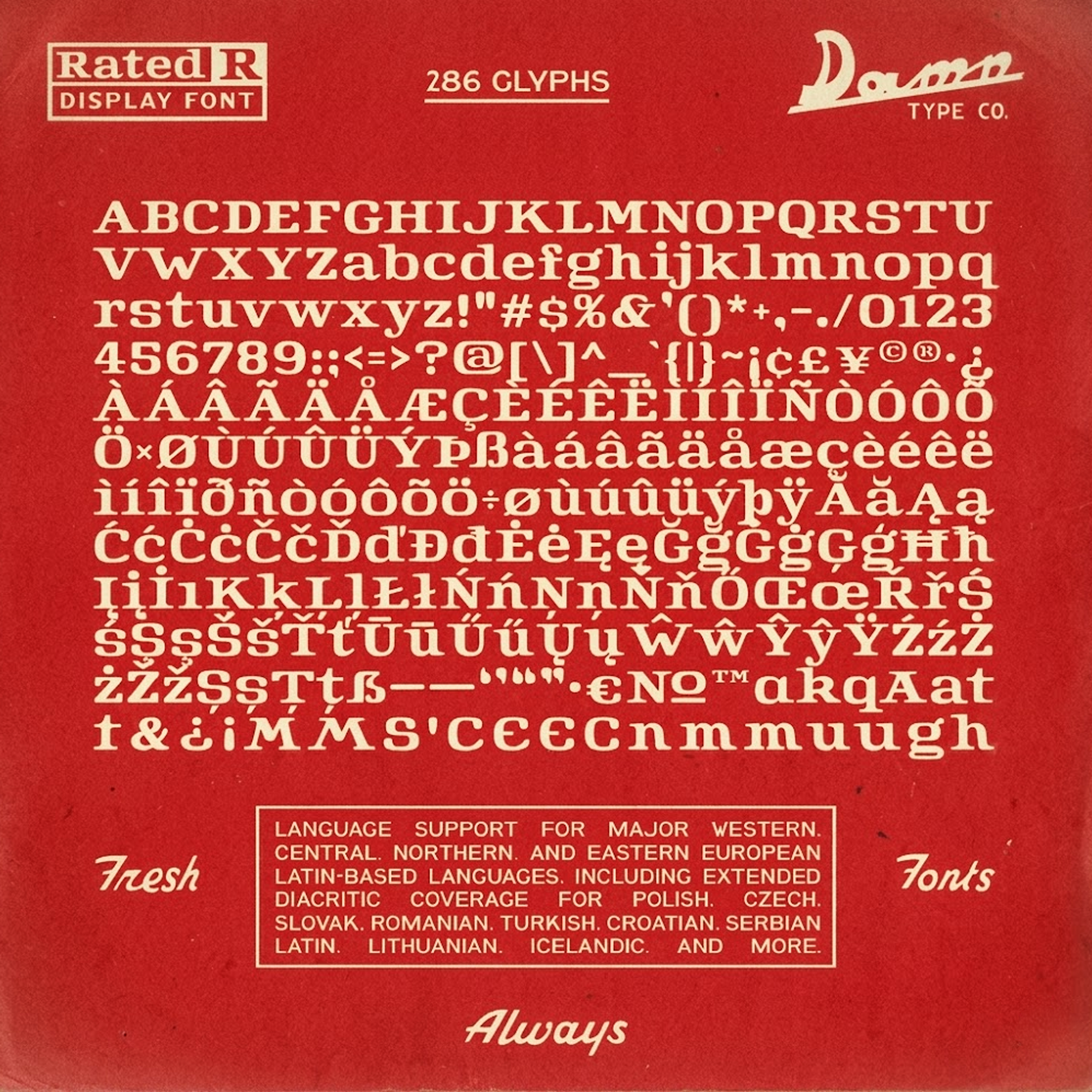 Full character map for Rated R display font. Cream-colored glyphs on a red background with analog film grain and ink bleed, showcasing 286 characters and multi-language support.