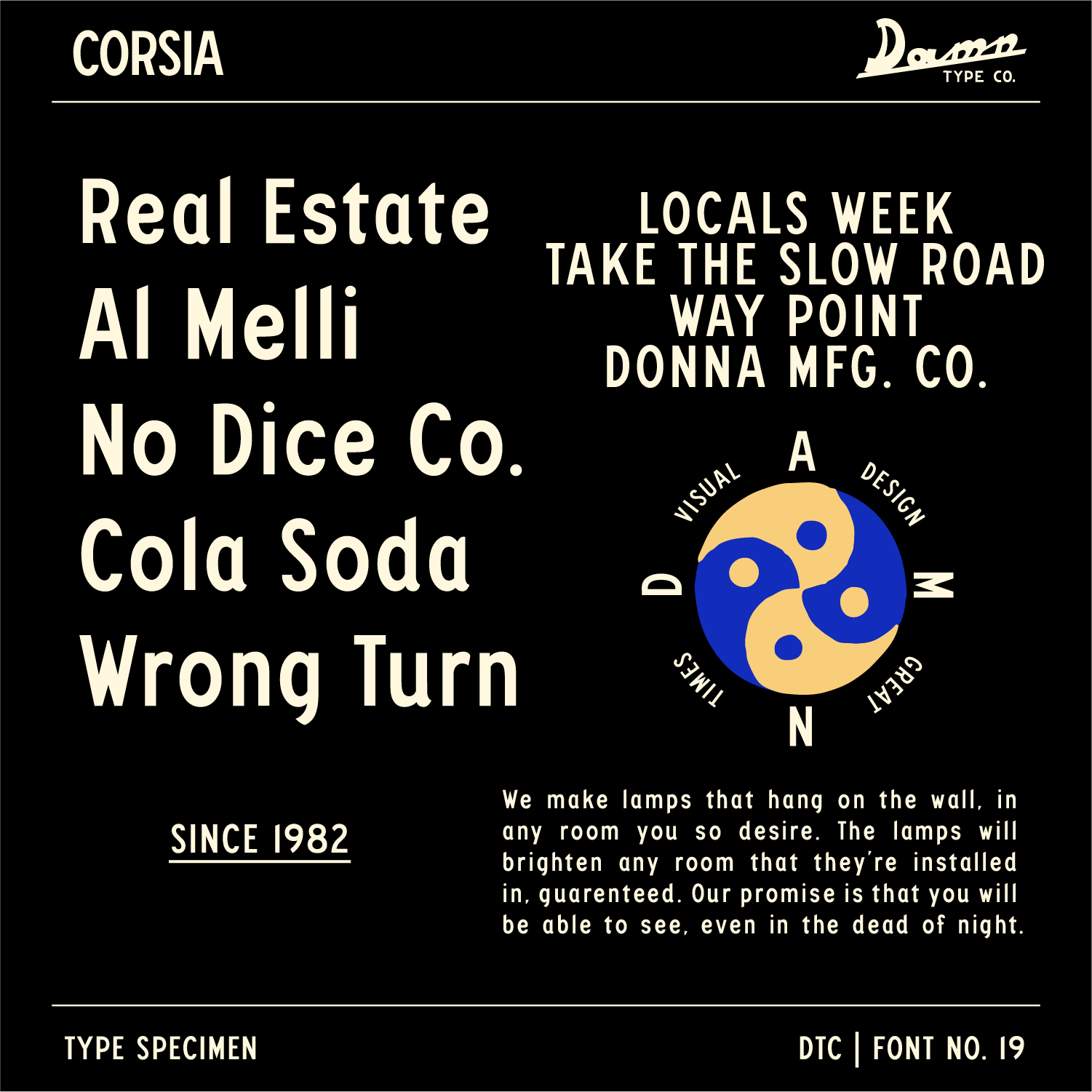 Corsia font specimen showing display and body typography in a warm condensed sans serif inspired by Italian street signs and road lettering.