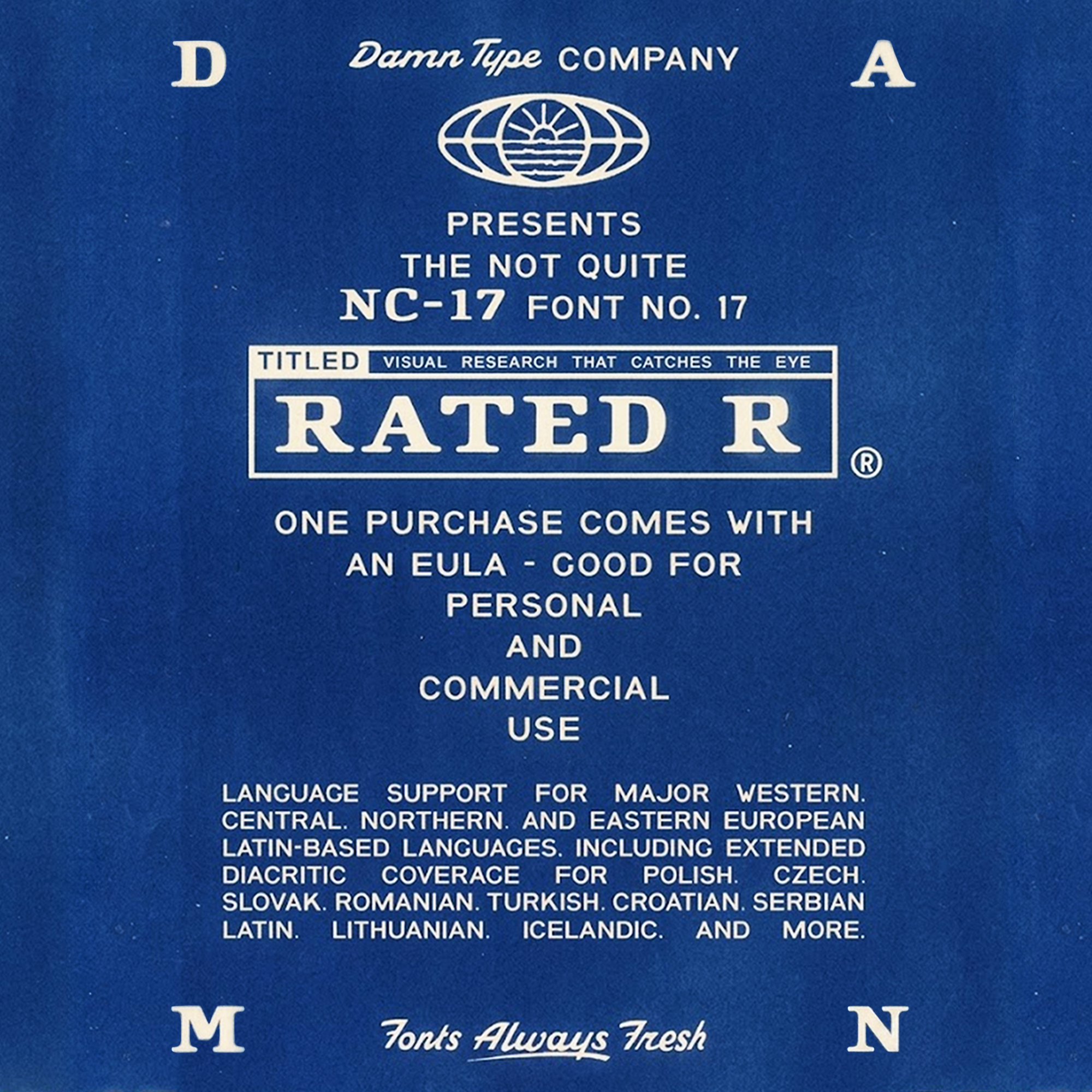 Technical specimen for Rated R font on blue. White serif typography showing licensing and language support, styled like a utilitarian cinematic title card with film grain.