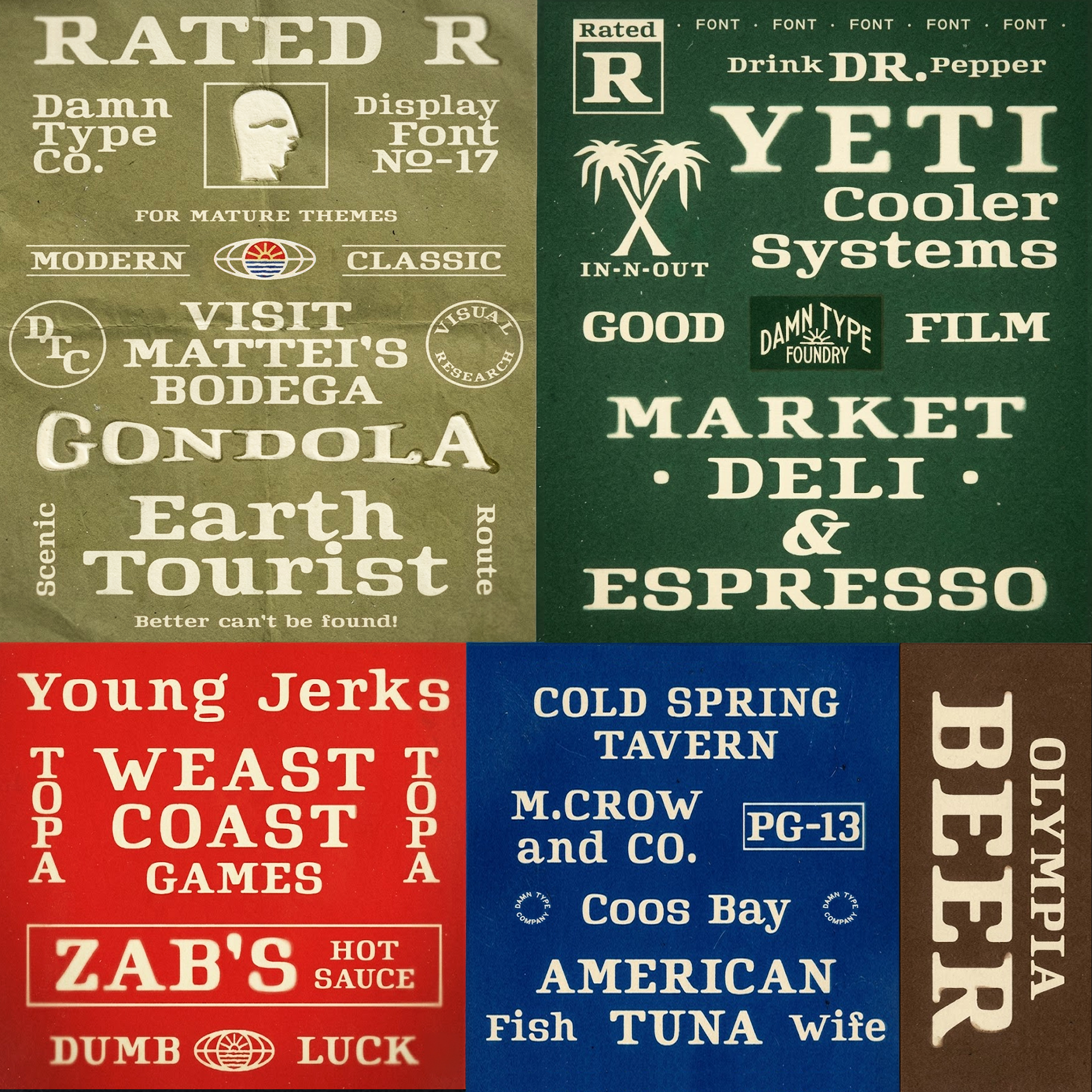 Multi-color grid for Rated R font. Features heritage branding for Yeti, Matteis Bodega, and Zabs Hot Sauce in olive, green, and red with a grainy analog film look.