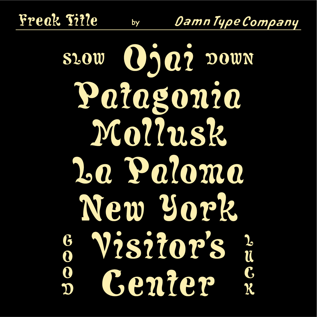 Freak Title font specimen by Damn Type Co., showcasing the typeface in large display words including Ojai, Patagonia, Mollusk, La Paloma, New York, Visitor’s Center, and Good Luck.