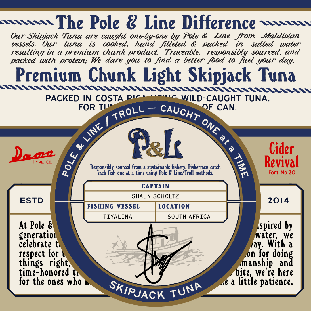 Pole & Line tuna packaging concept showcasing Cider Revival lettering in navy and red, with a circular skipjack tuna label and fishing vessel details.