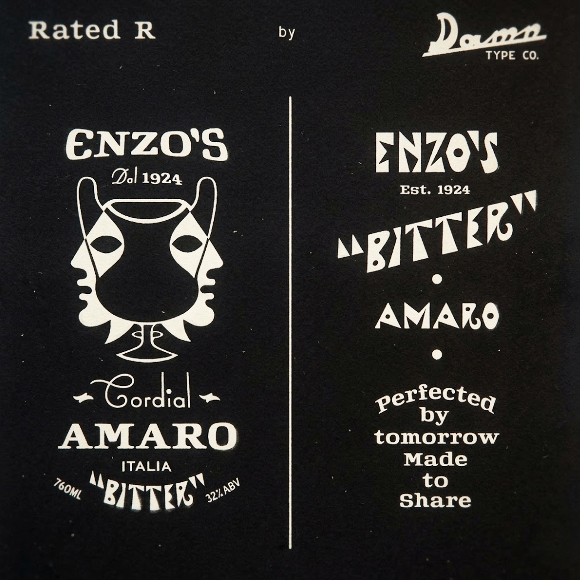 Rated R font specimen by Damn Type Co. featuring cream type on matte black. Includes heritage spirits labels for Enzo's Bitter Amaro with mid-century Italian aesthetics.