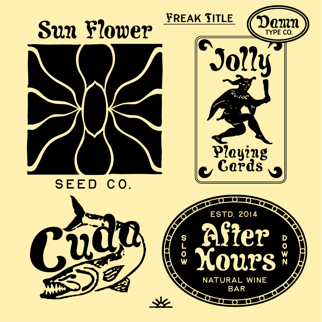 Freak Title font specimen by Damn Type Co., featuring vintage-inspired branding examples for Sun Flower Seed Co., Jolly Playing Cards, Cuda, and After Hours Natural Wine Bar.