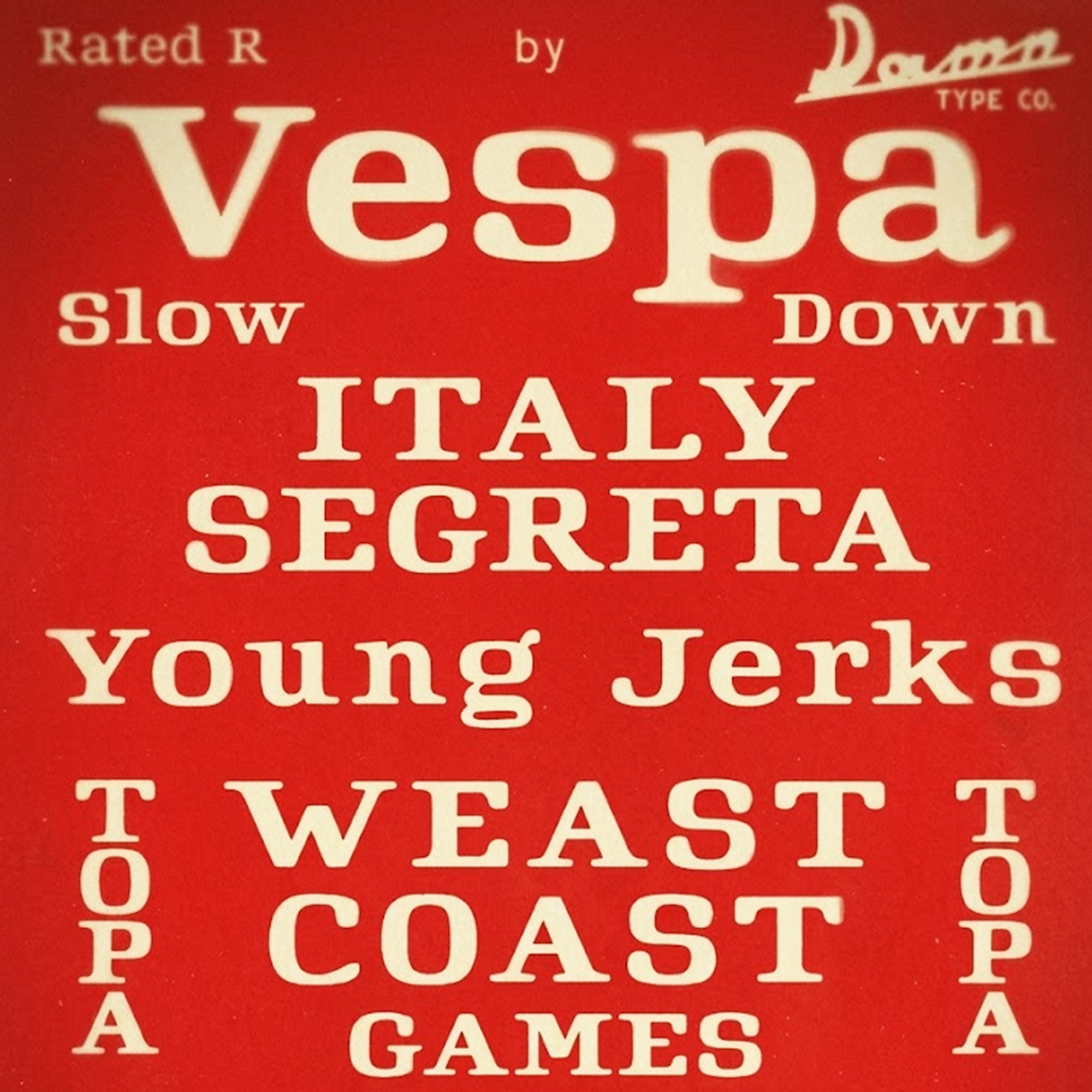 Rated R font specimen by Damn Type Co. featuring bold cream typography on a red background. Layout includes 'Vespa' and 'Italy Segreta' with soft, film-scanned edges and an analog print texture.