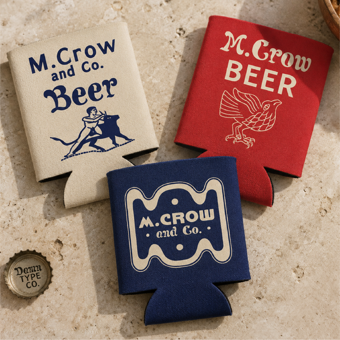 Freak Title font specimen by Damn Type Co., shown on M. Crow and Co. beer koozies in cream, red, and navy with vintage-style illustrations and lettering.