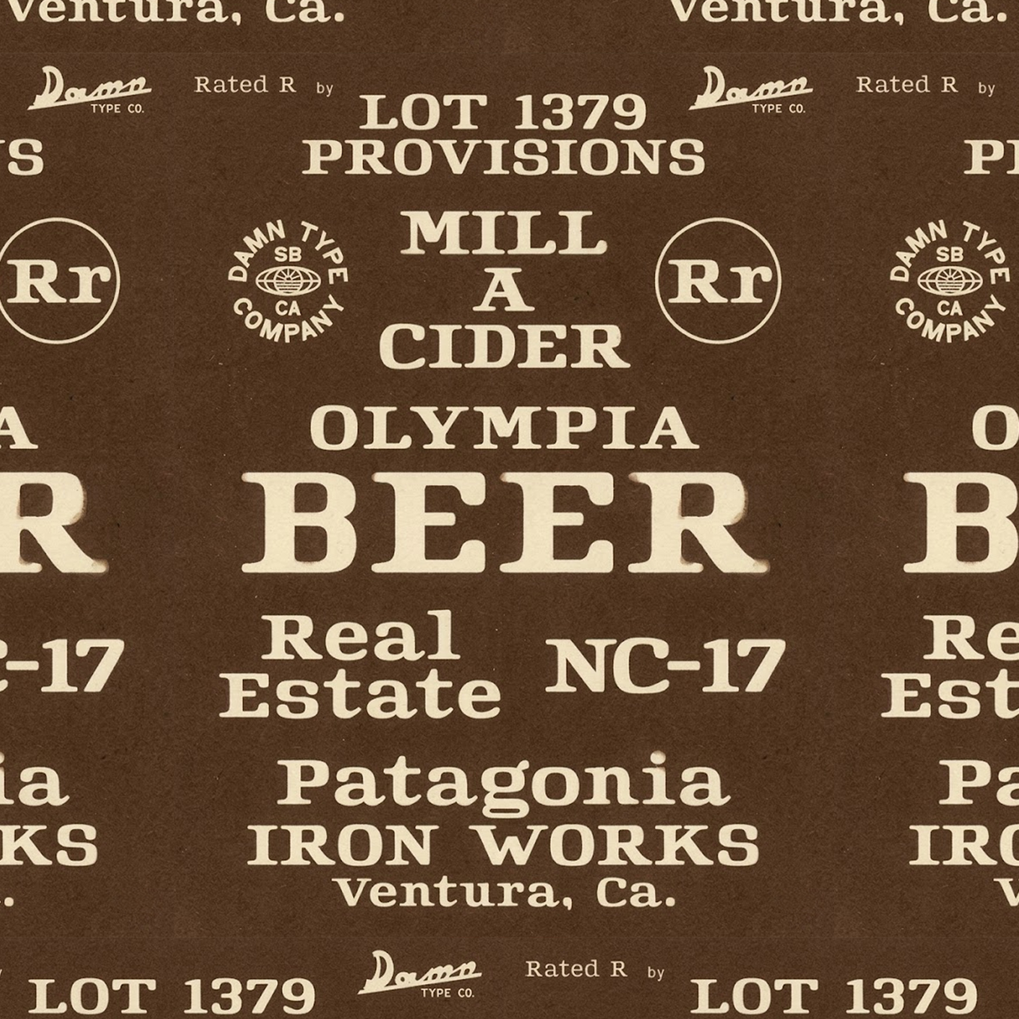 Repeating pattern for Rated R font by Damn Type Co. featuring cream typography on tobacco brown. Includes heritage logos for Olympia Beer and Patagonia Iron Works with a vintage matte ink texture.