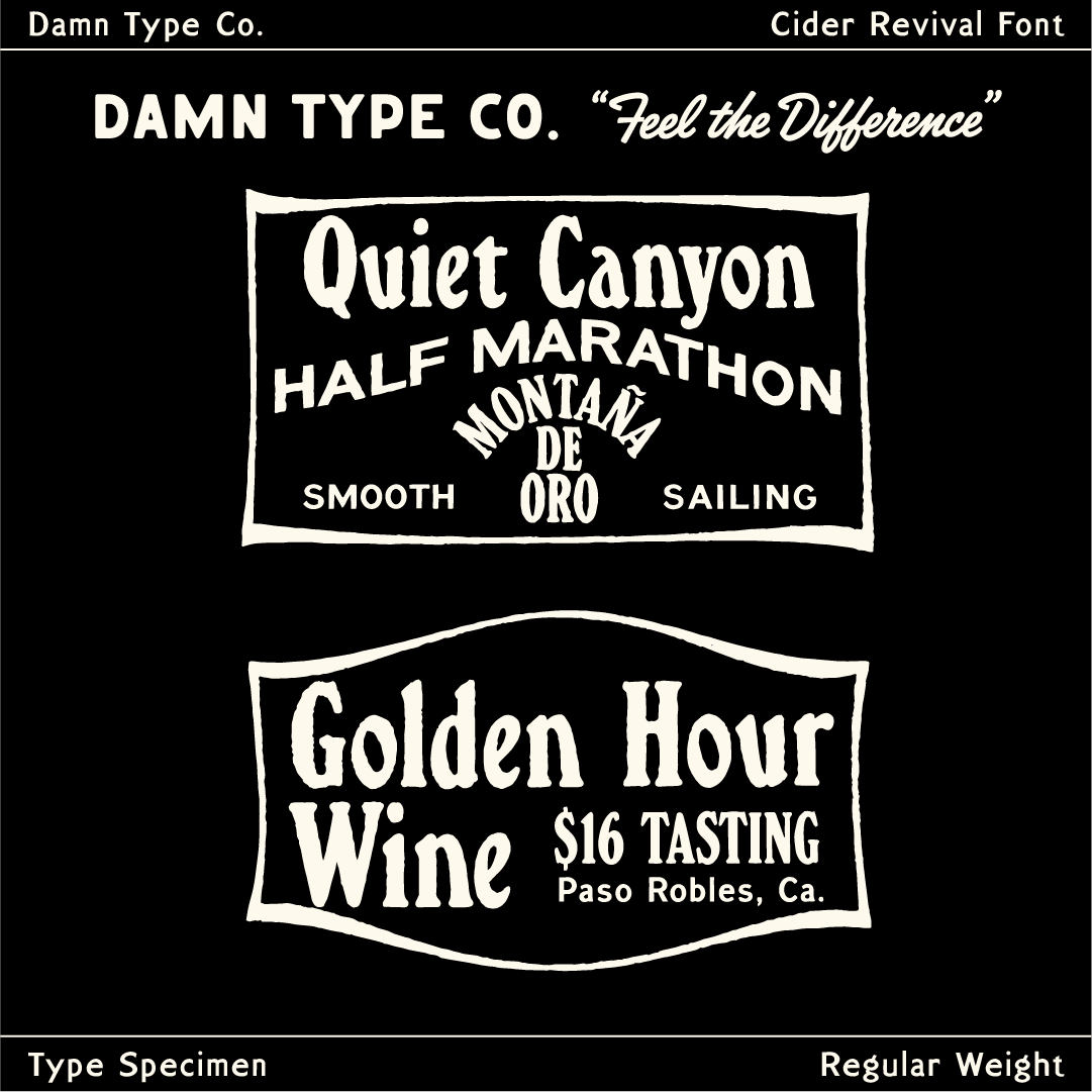Cider Revival Regular in cream on black, showcasing hand-drawn label designs for “Quiet Canyon Half Marathon” and “Golden Hour Wine.”