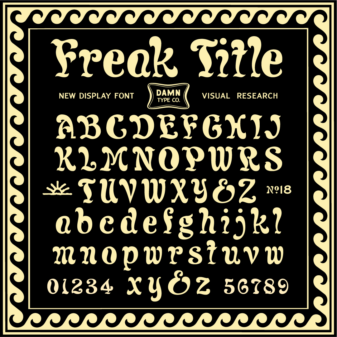 Freak Title font specimen by Damn Type Co., featuring decorative uppercase, lowercase, numerals, and vintage-inspired display lettering.