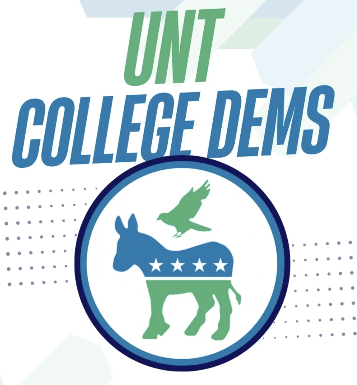 Illustration of a donkey with a star design and a flying bird inside a circle, with text above that reads 'Unite College Dems' in green and blue font.