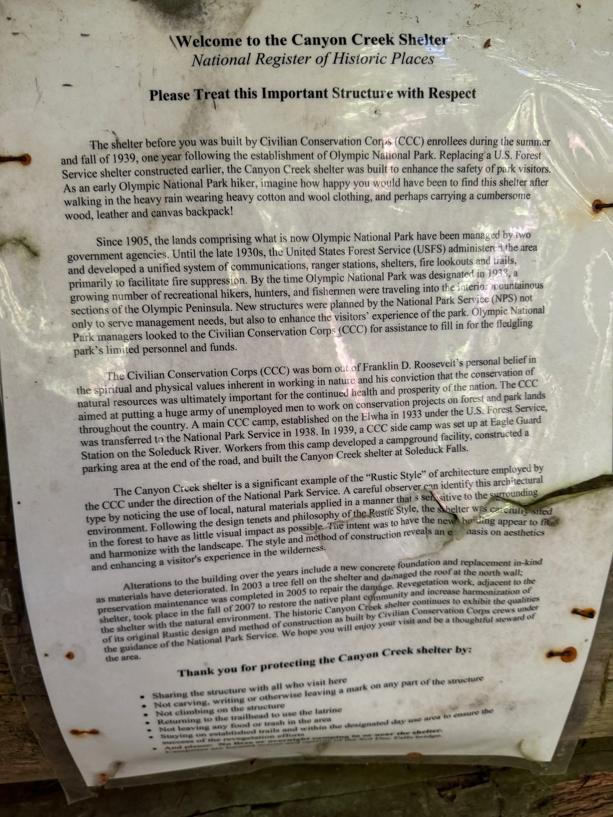 Sign that was stapled inside the Canyon Creek a.k.a. Sol Duc Falls historic shelter - Sol Duc Falls Trail - Olympic National Park