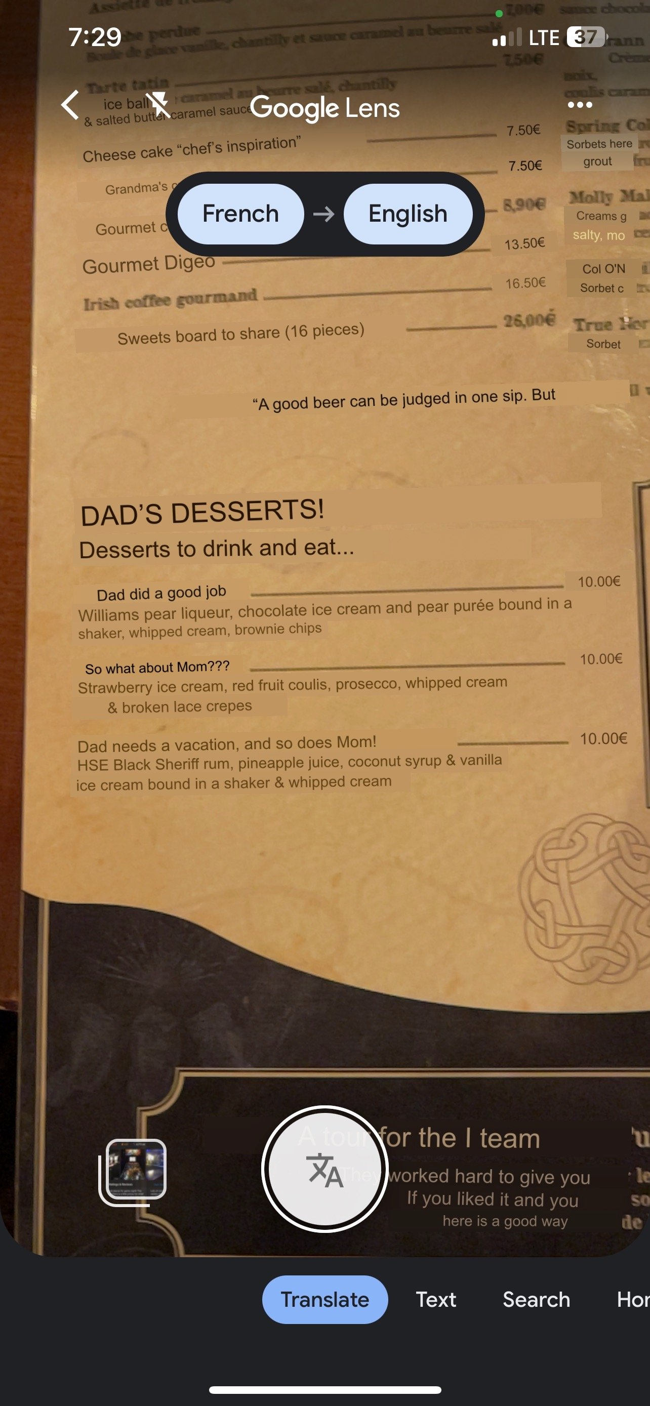 Fun desserts from a menu translated with Google Translate camera feature.