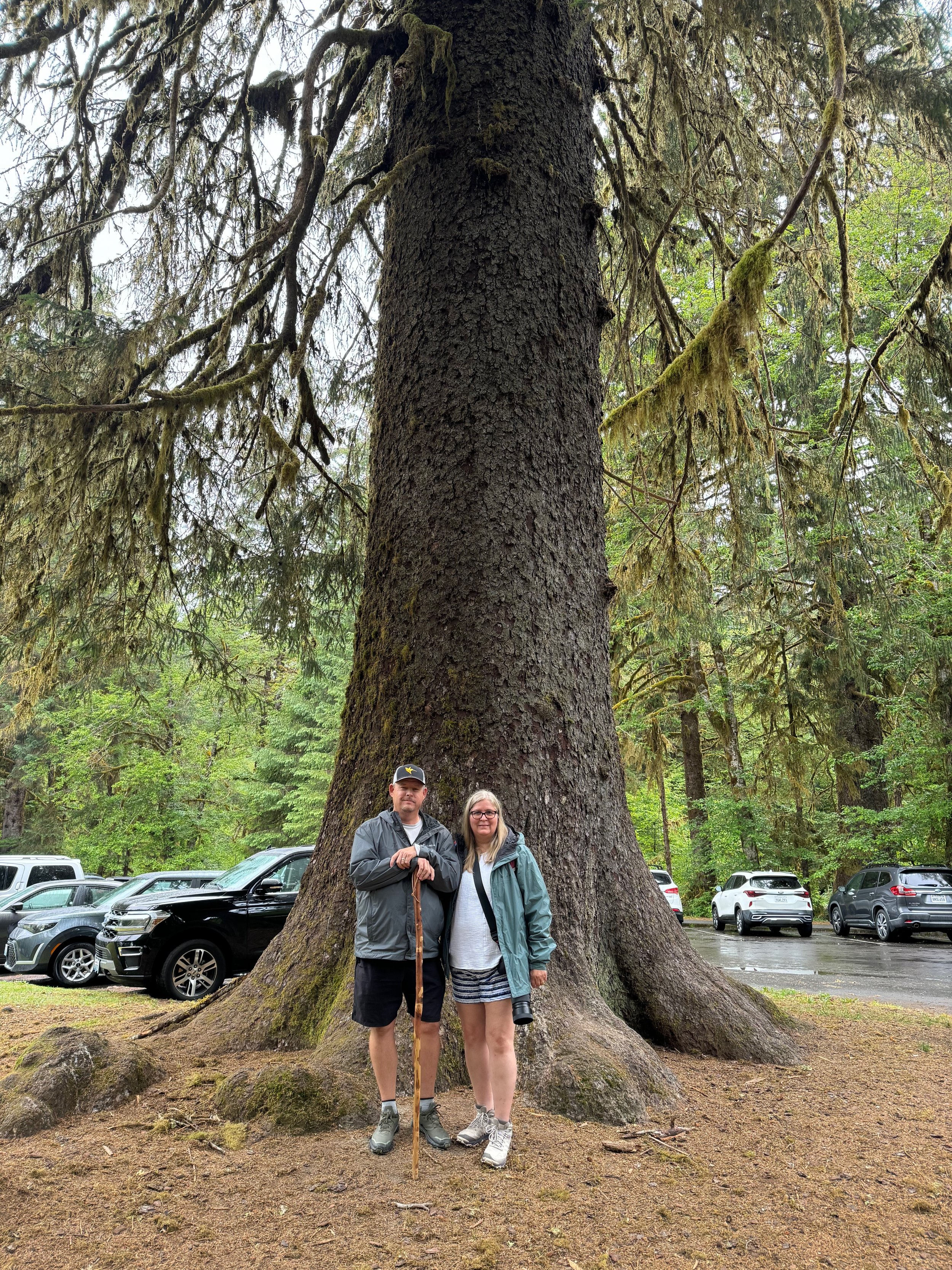 Charlie and Jodi with the Giant Parking Lot Tree at the Hoh Rainforest - Olympic NP - Washington State