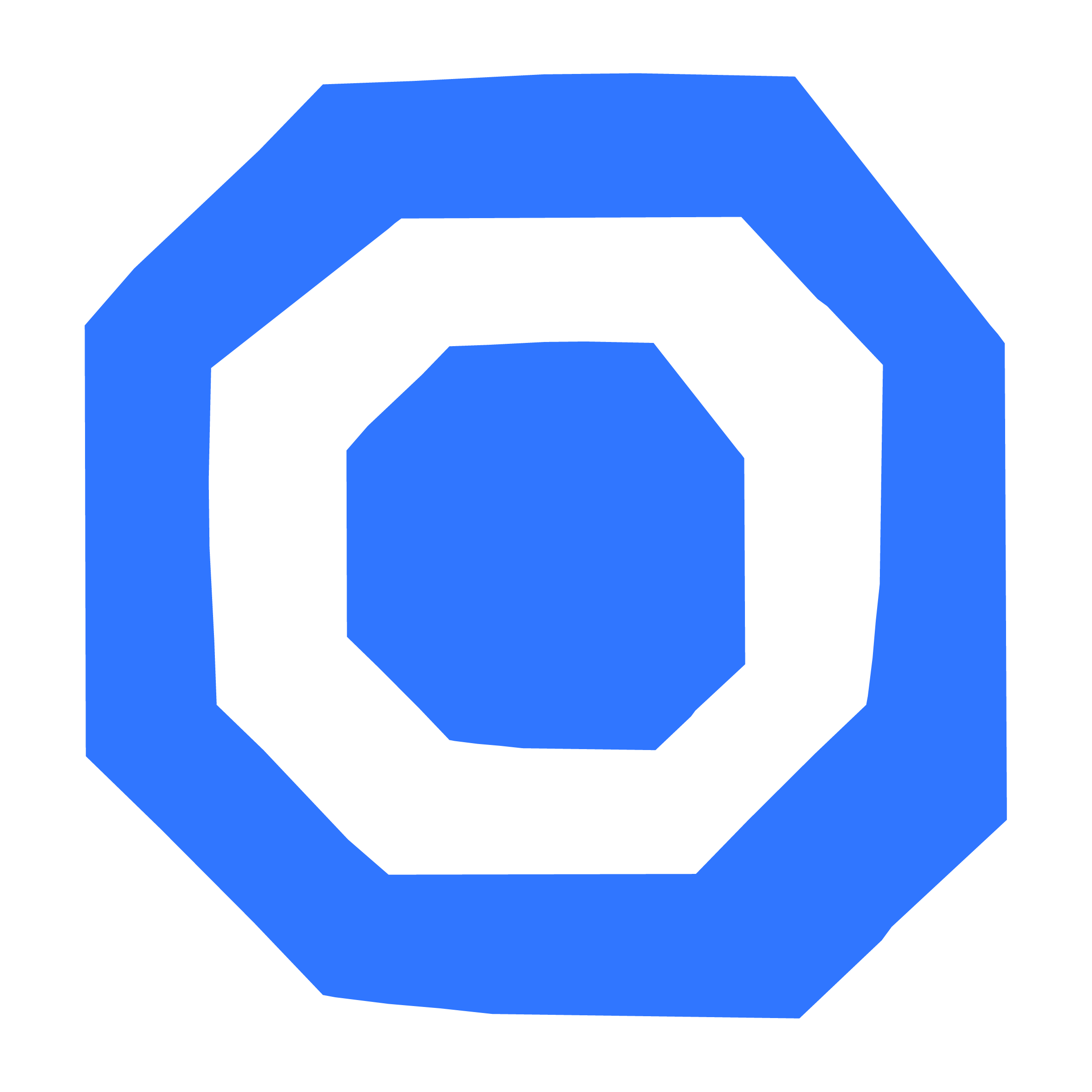 Blue octagonal sign with a white 'O' in the center, resembling cooperation and motion