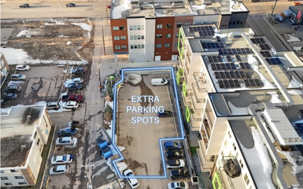 The rear parking lot behind Vibe Professional Centre
