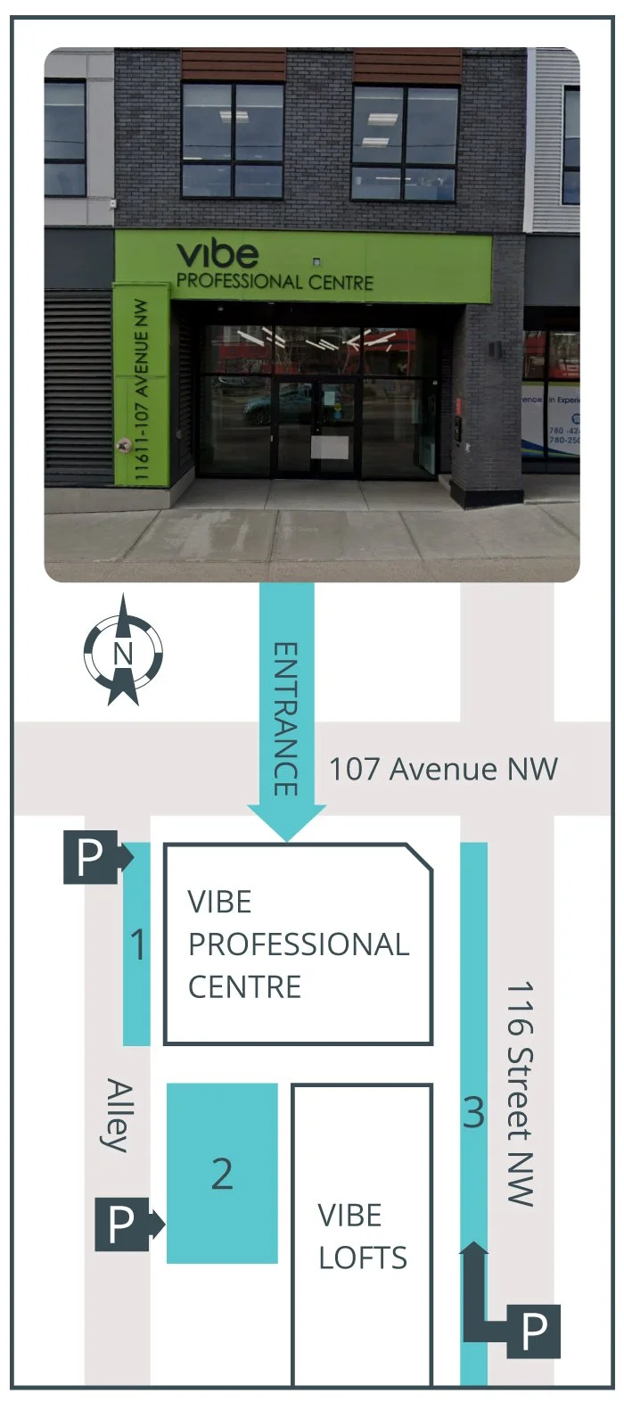 Map of parking around Vibe Professional Centre at 107 Avenue and 116 Street