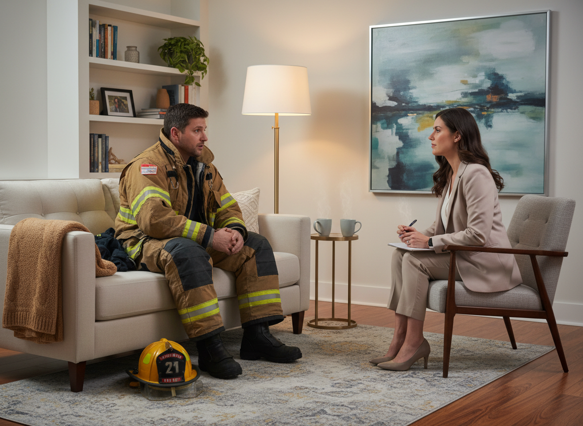 Why do firefighters often avoid therapy?