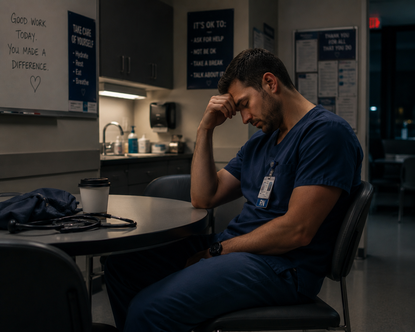 A young male nurse sits at a table in a hospital break room, looking stressed with his head resting on his hand, wearing blue scrubs and an ID badge.