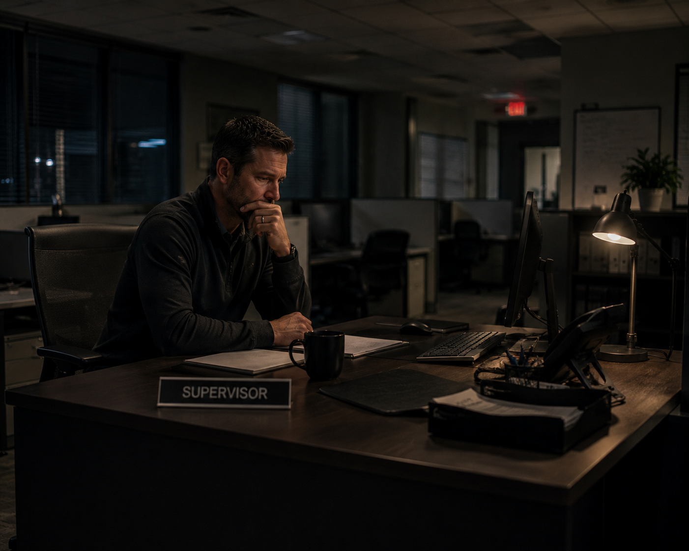 A man sitting at a desk in an office, looking thoughtful with his hand on his chin, under a desk lamp, with a "Supervisor" sign on the desk.