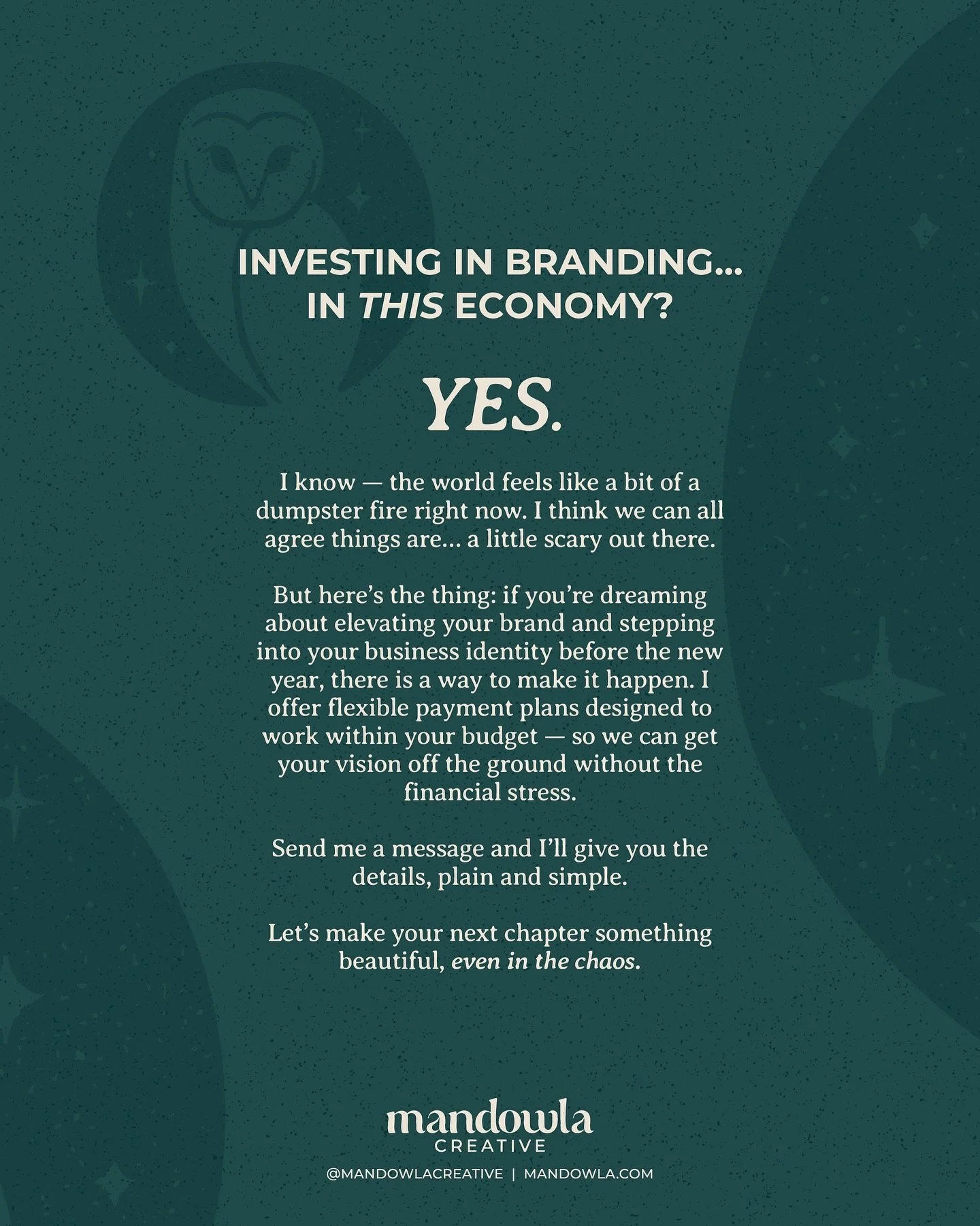 I have two spots available for November.
If you&rsquo;ve been thinking about elevating your brand before the new year, now&rsquo;s the time to grab one before they&rsquo;re booked.

In December, I&rsquo;m only booking two projects due to the holidays