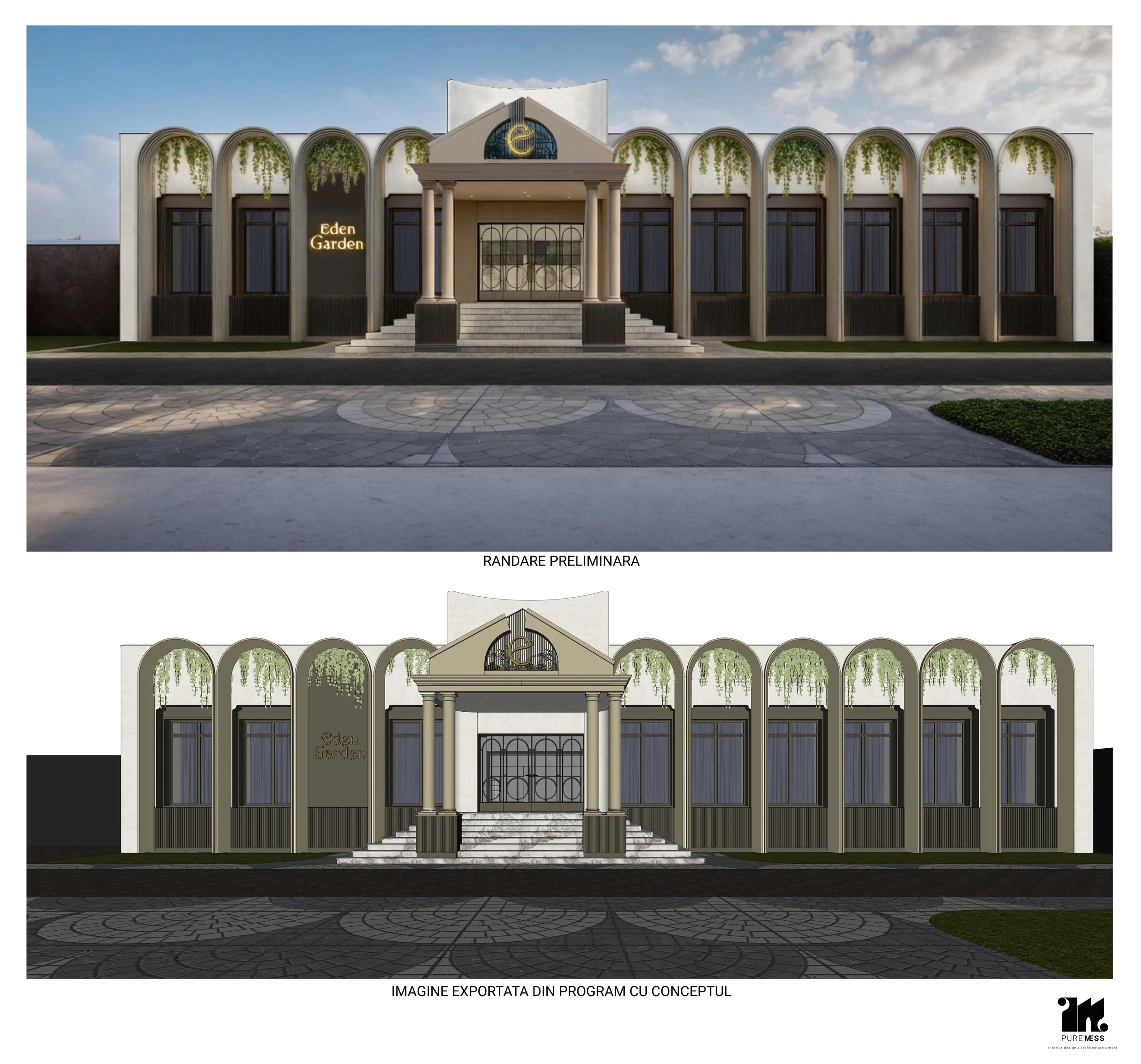 Amenajare exterioară Eden Garden Suceava – de la vizual 3D la realitate. Designul final respectă cu precizie conceptul original, oferind un rezultat elegant și coerent.