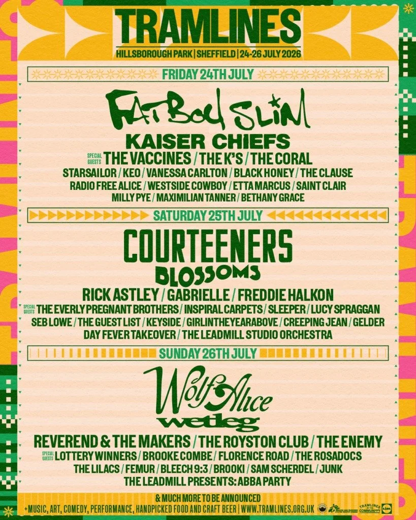 Tramlines (@tramlines) announces its 2026 line-up with headliners Fatboy Slim (@officialfatboyslim), Kaiser Chiefs (@kaiserchiefs), Courteeners (@courteeners), Blossoms (@blossomsband), Wolf Alice (@wolfaliceband) and Wet Leg (@wetlegband). Other act