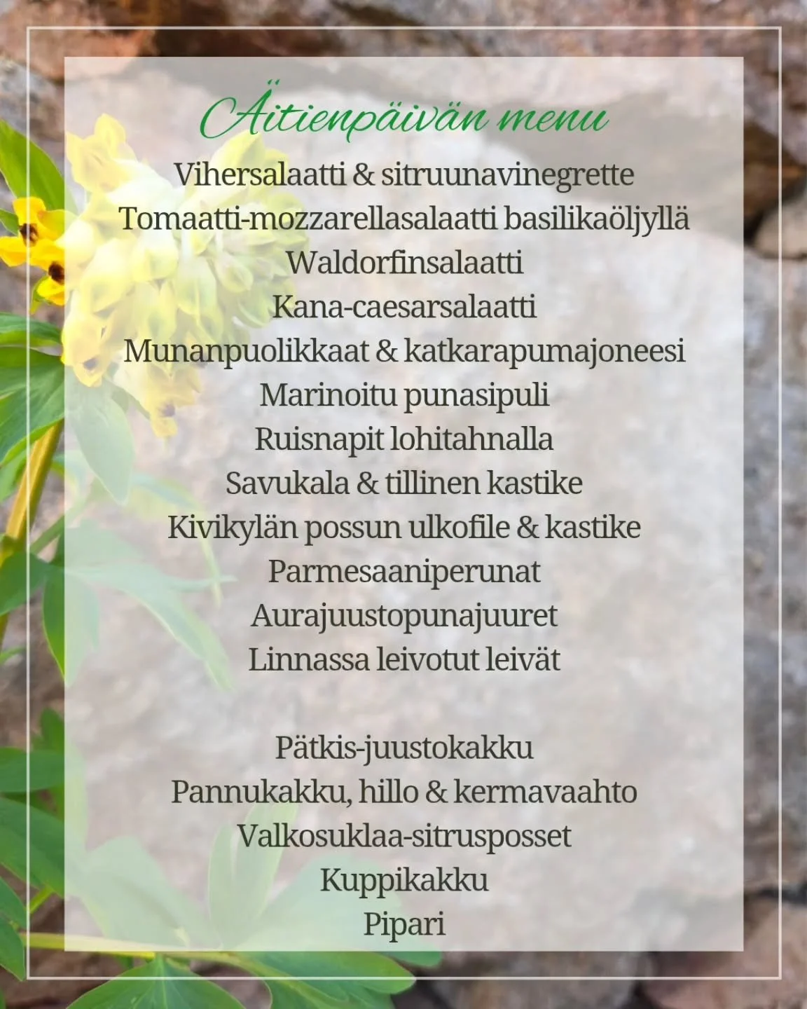 Hemmottele &auml;iti&auml; ja varaa paikat valmiiseen juhlap&ouml;yt&auml;&auml;n 💛 
&Auml;itienp&auml;iv&auml;n p&auml;iv&auml;llinen 10.5. klo 14-16 🌼
www.louhenlinna.com tai 0500879699