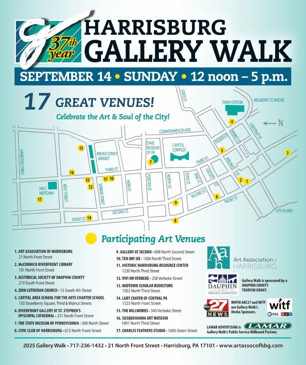 Coming this weekend!
The Art Association of Harrisburg's Gallery Walk is BACK!
The 37th Annual Harrisburg Gallery Walk is scheduled for Sunday, September 14, noon to 5 p.m. Gallery Walk will feature 17 venues this year, including: 
🎨 The Historical 
