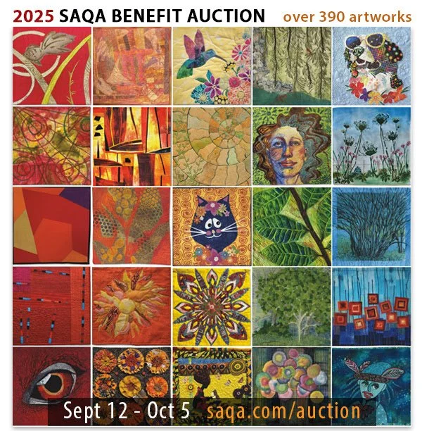 SAQA's annual Benefit Auction will take place online from September 12 through October 5, 2025. With almost 400 pieces of beautiful artwork available for bidding, there is something for everyone to enjoy! 
SAQA.com/Auction 
The auction opens with Dia