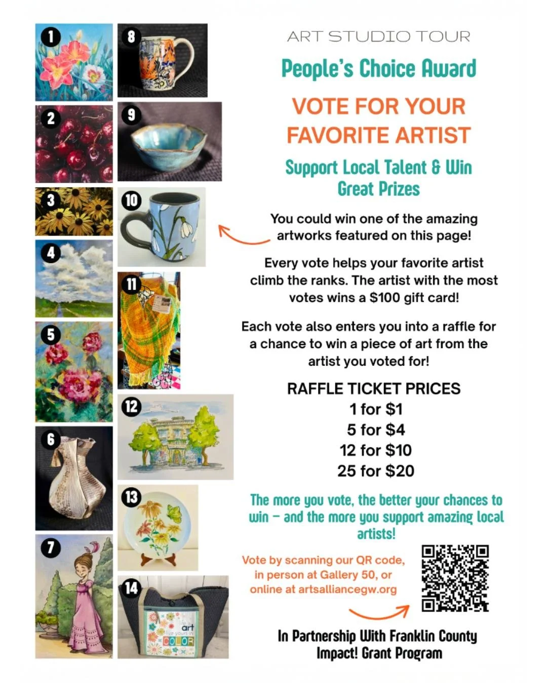 All these artists and me too will be showing in an Artist Tour in Waynesboro, PA on November 1. I'll be at Gallery 50. 
You have a chance to win one of these pieces of art!
Get your tickets at Gallery 50 or online at https://artsalliancegw.org/