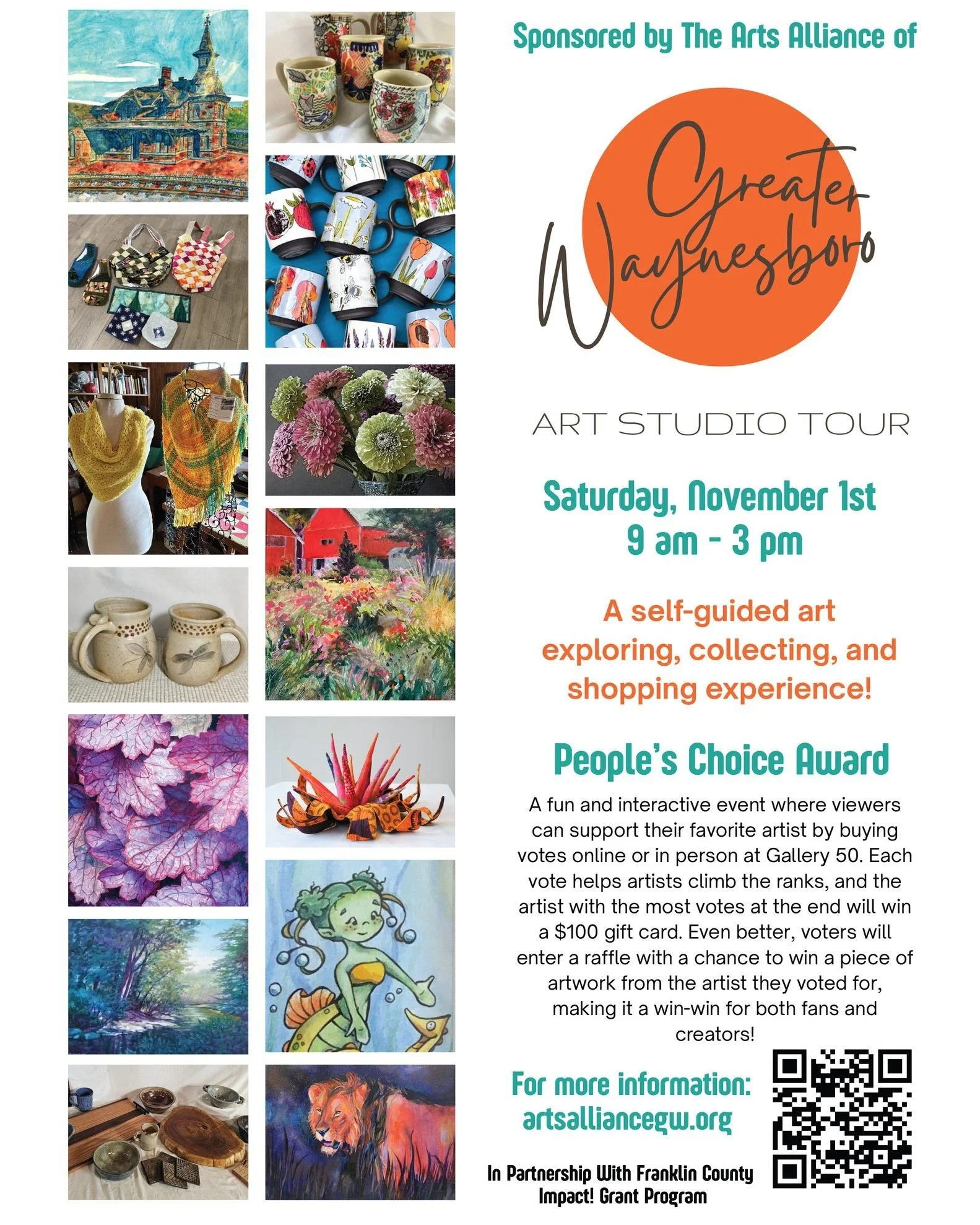 Join me this Saturday, November 1st for my first Art Studio tour of the season.
Arts Alliance Inaugural Greater Waynesboro Art Studio Tour 
From 9-3 I'll be at Gallery 50  in Waynesboro, PA along with Carolyn Seibert- Drager of The Farmer's Daughter'