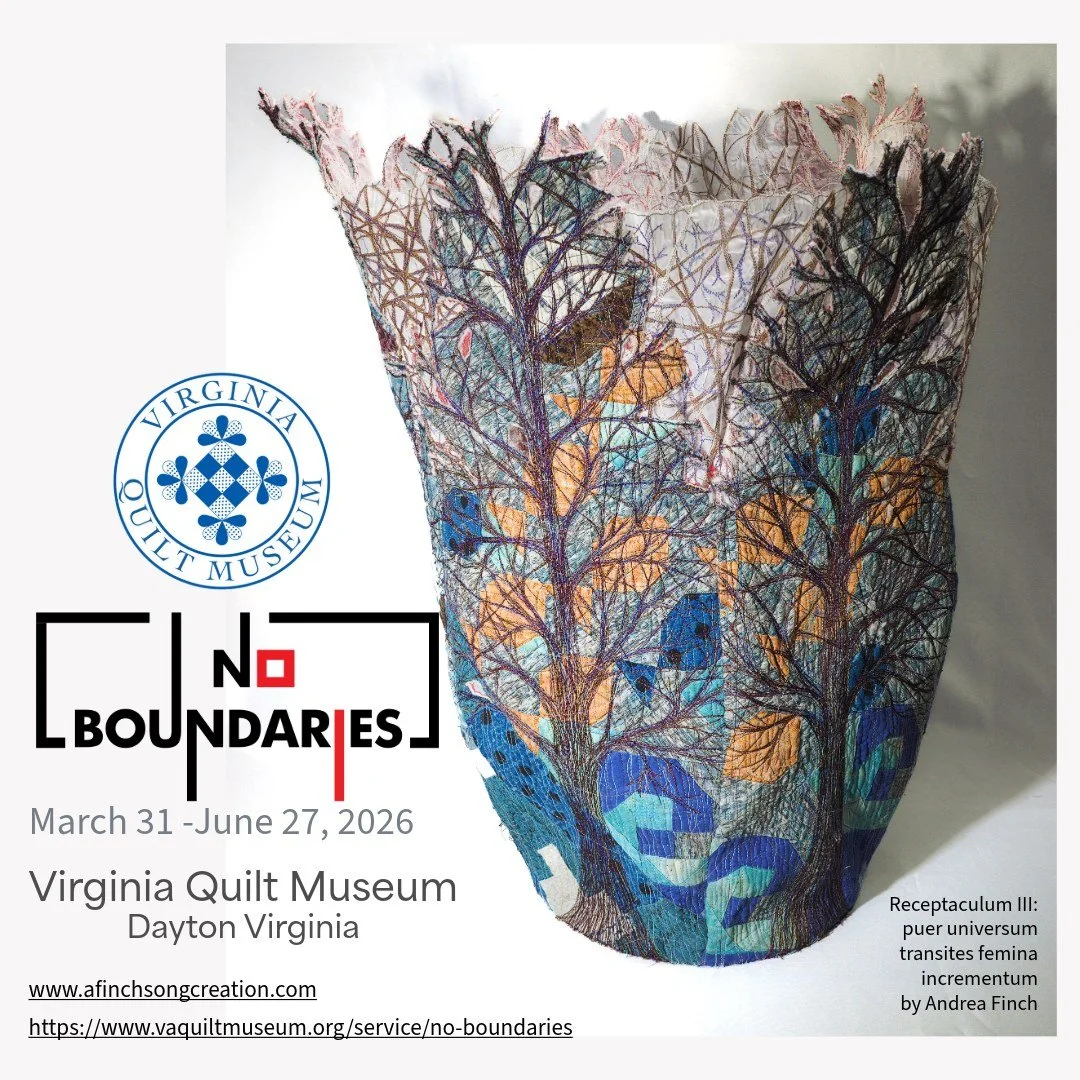 No Boundaries at the Virginia Quilt Museum Fiber Exhibition
Juried by Patty Kennedy-Zafred
&zwj;March 31 - June 27, 2026

Receptaculum III: puer universum transites femina incrementum
(A Boy&rsquo;s World&rsquo;s transition, a woman&rsquo;s growth)


