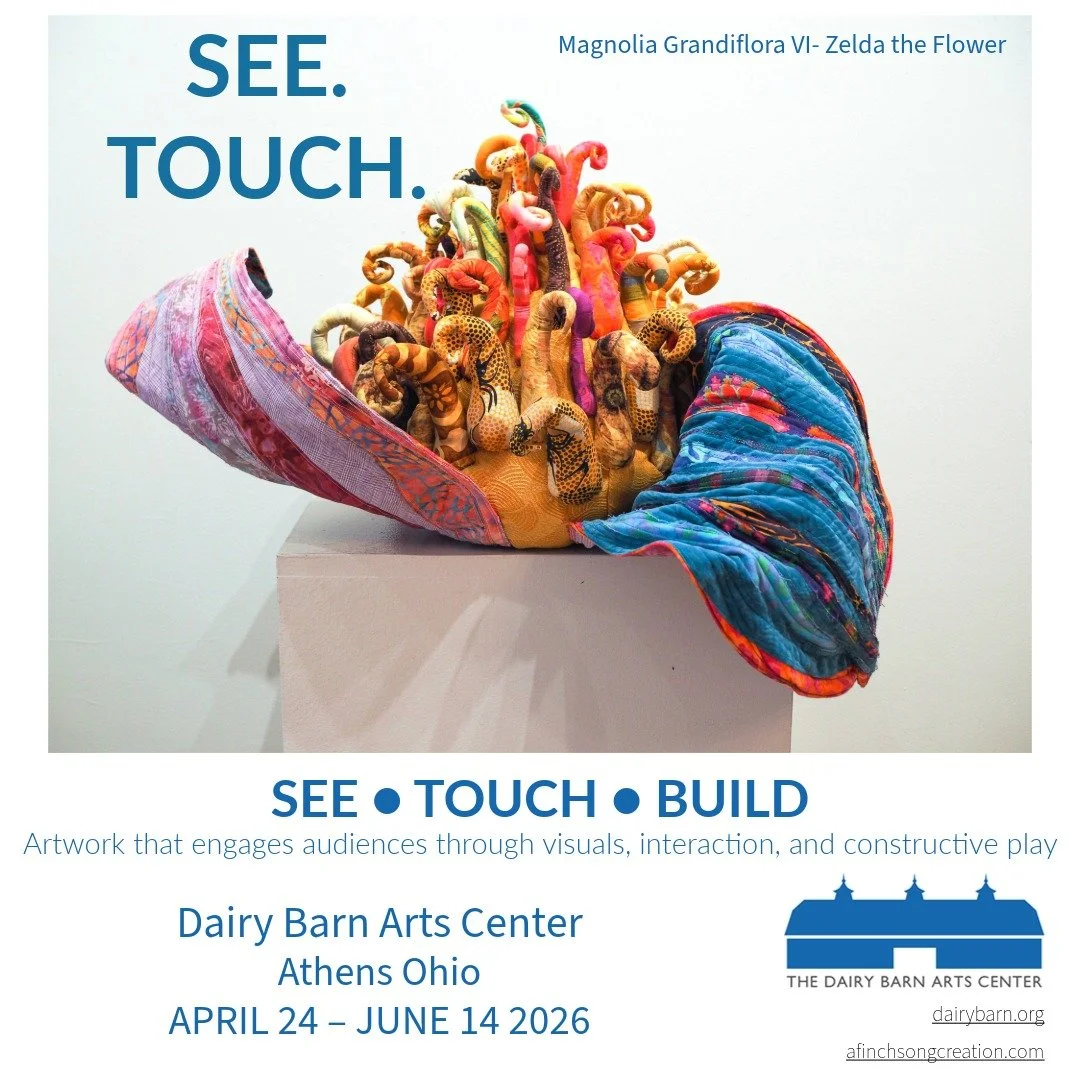 At The Dairy Barn Arts Center in Athens Ohio Magnolia Grandiflora VI: Zelda the Flower
SEE ● TOUCH ● BUILD transforms the gallery into a space of active exploration where looking becomes doing. The exhibition brings together artworks that shift meani