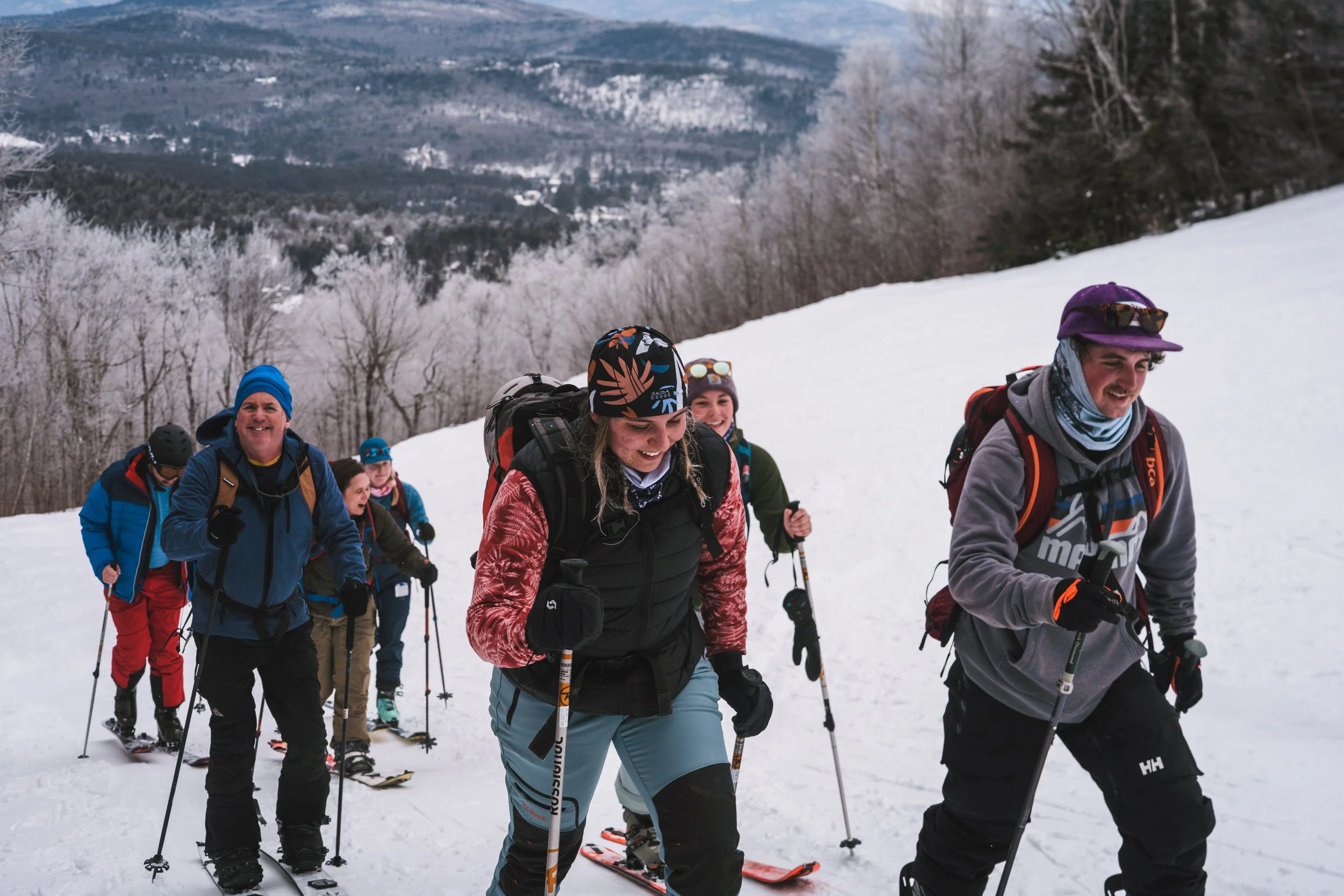 Participants skinning uphill at Bromley Mountain, Peru, Vermont