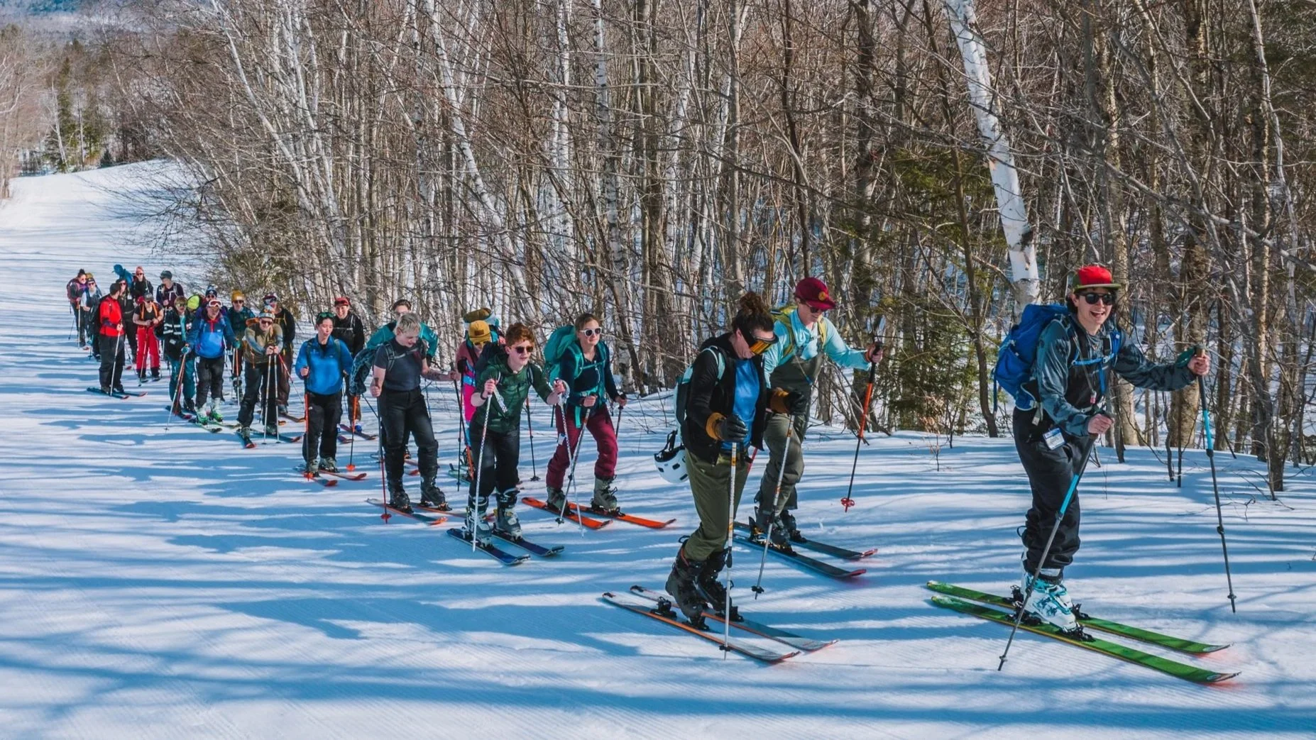 Participants skinning uphill together at Mt. Abram