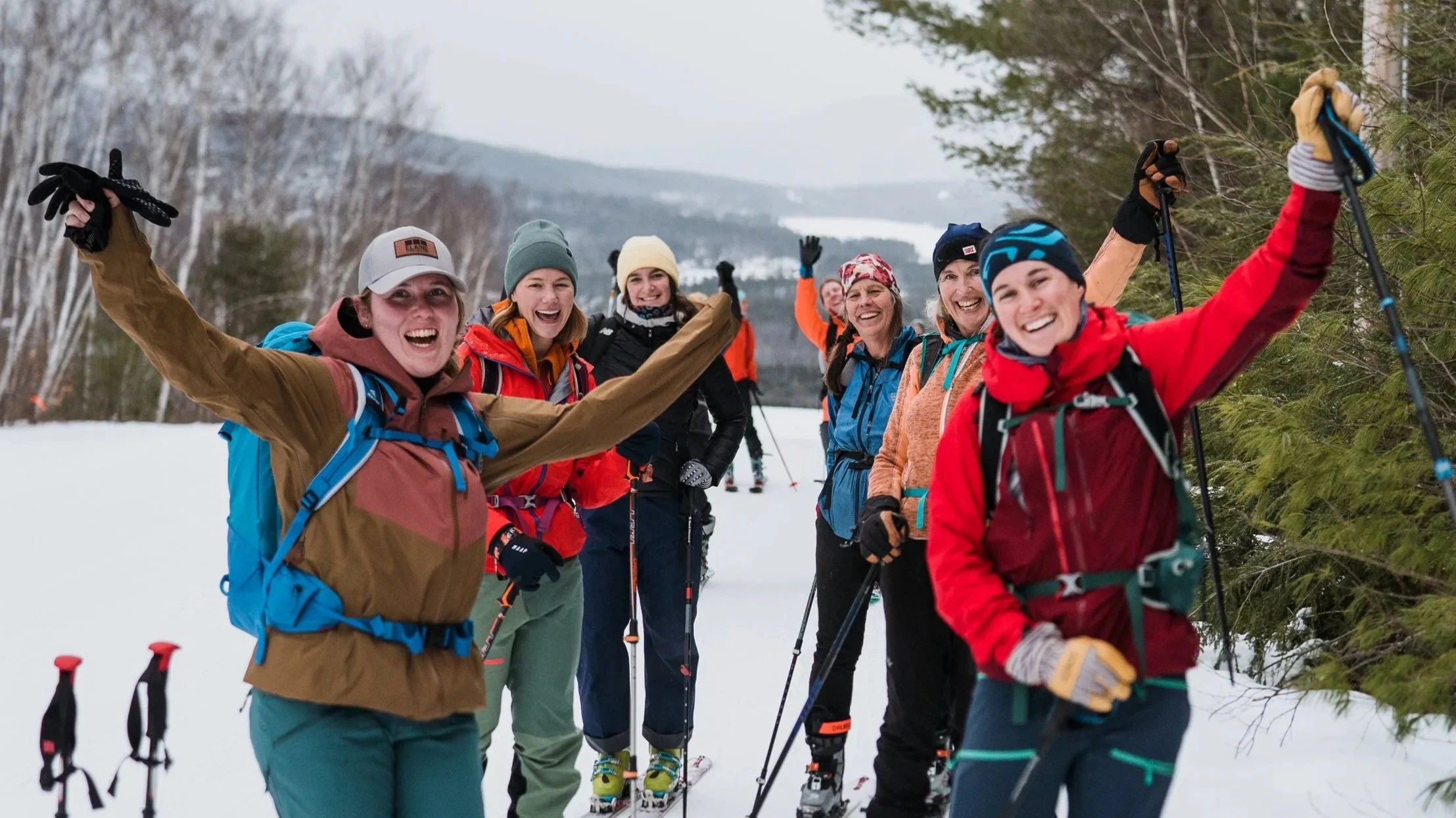 Participants skinning uphill together at Dartmouth Skiway