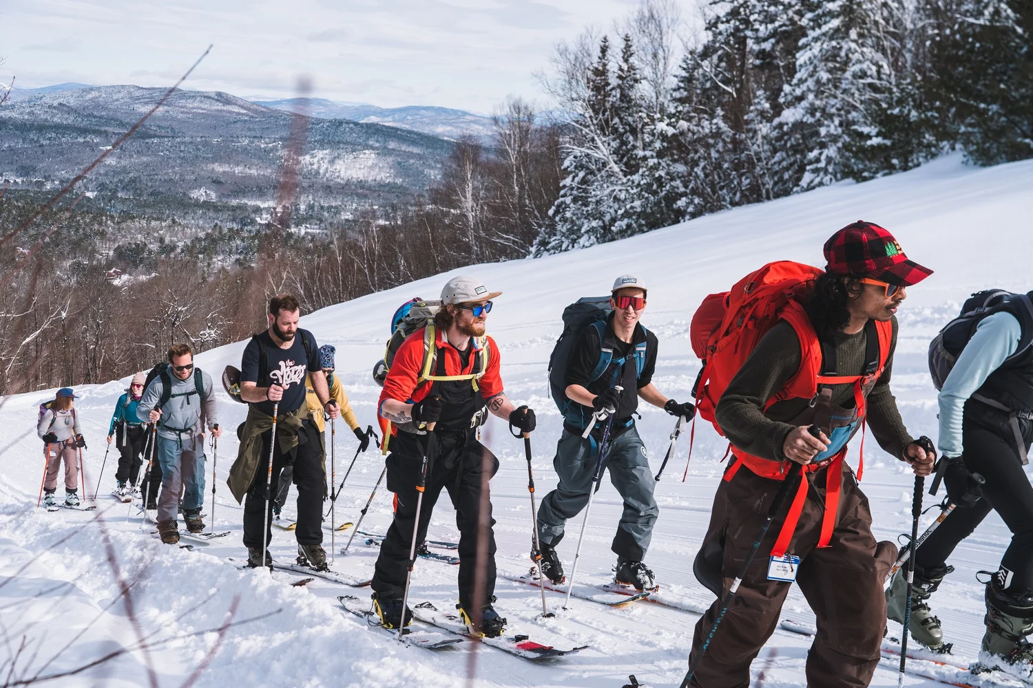 A line of participants skinning uphill through the trees on splitboards and touring skis